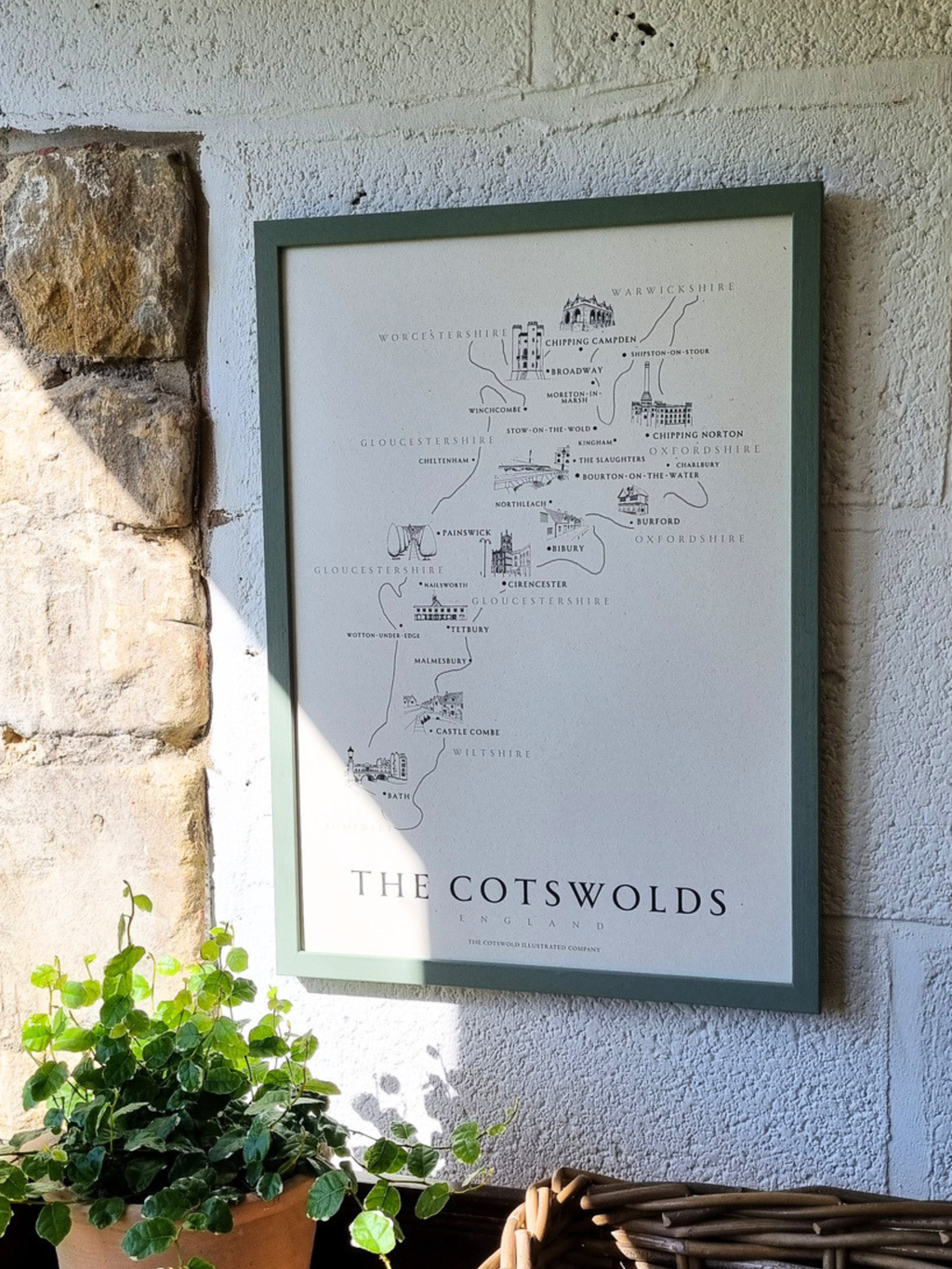 CLASSIC COTSWOLD MAP - A3 FRAMED - GREEN