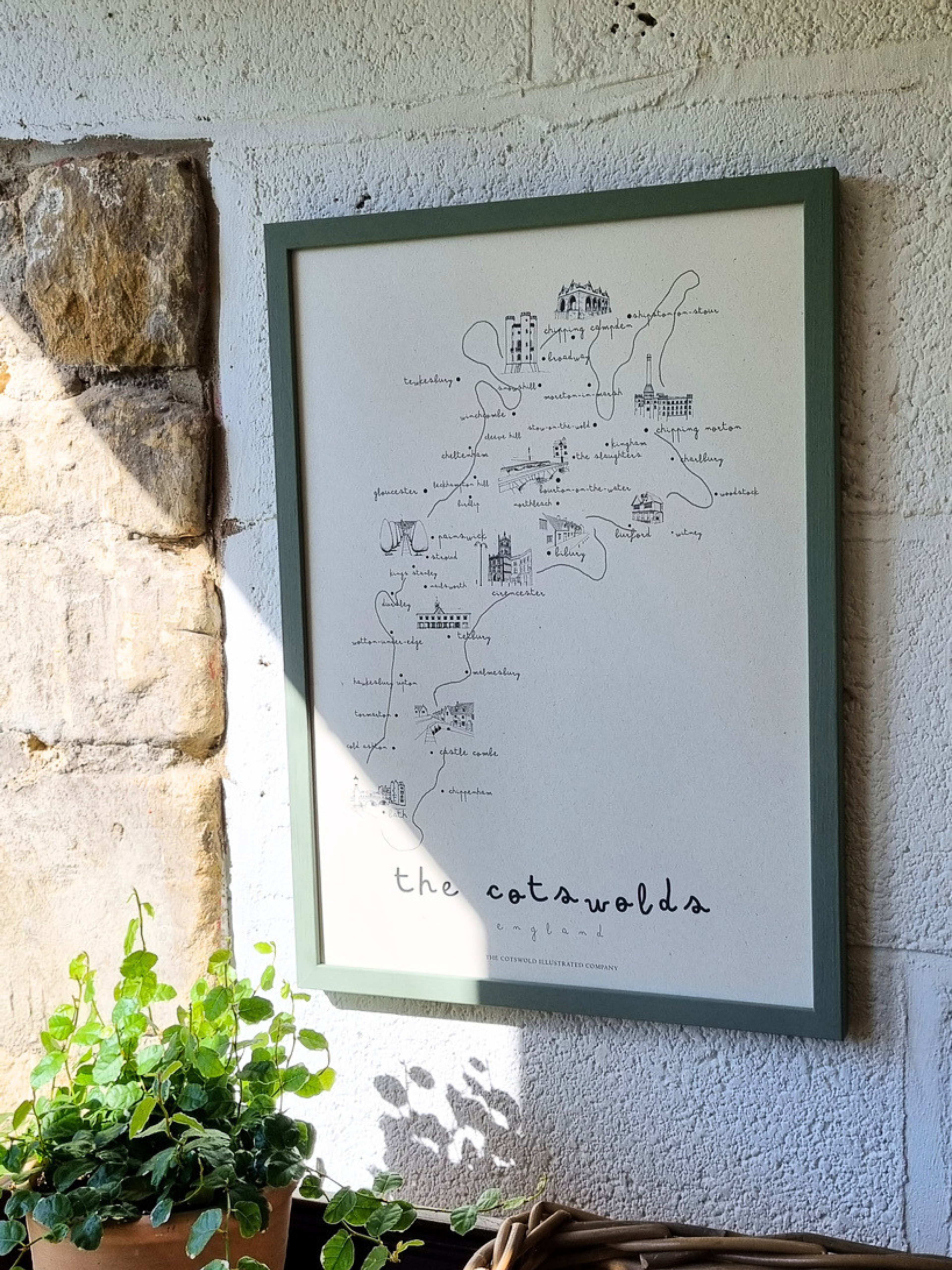 ELEGANT COTSWOLD MAP - COTSWOLD WAY - A3 FRAMED - GREEN