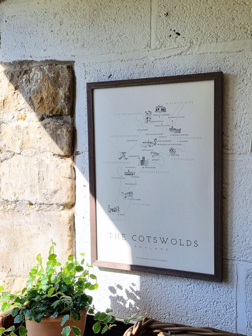 FINE COTSWOLD MAP - A3 FRAMED - BROWN