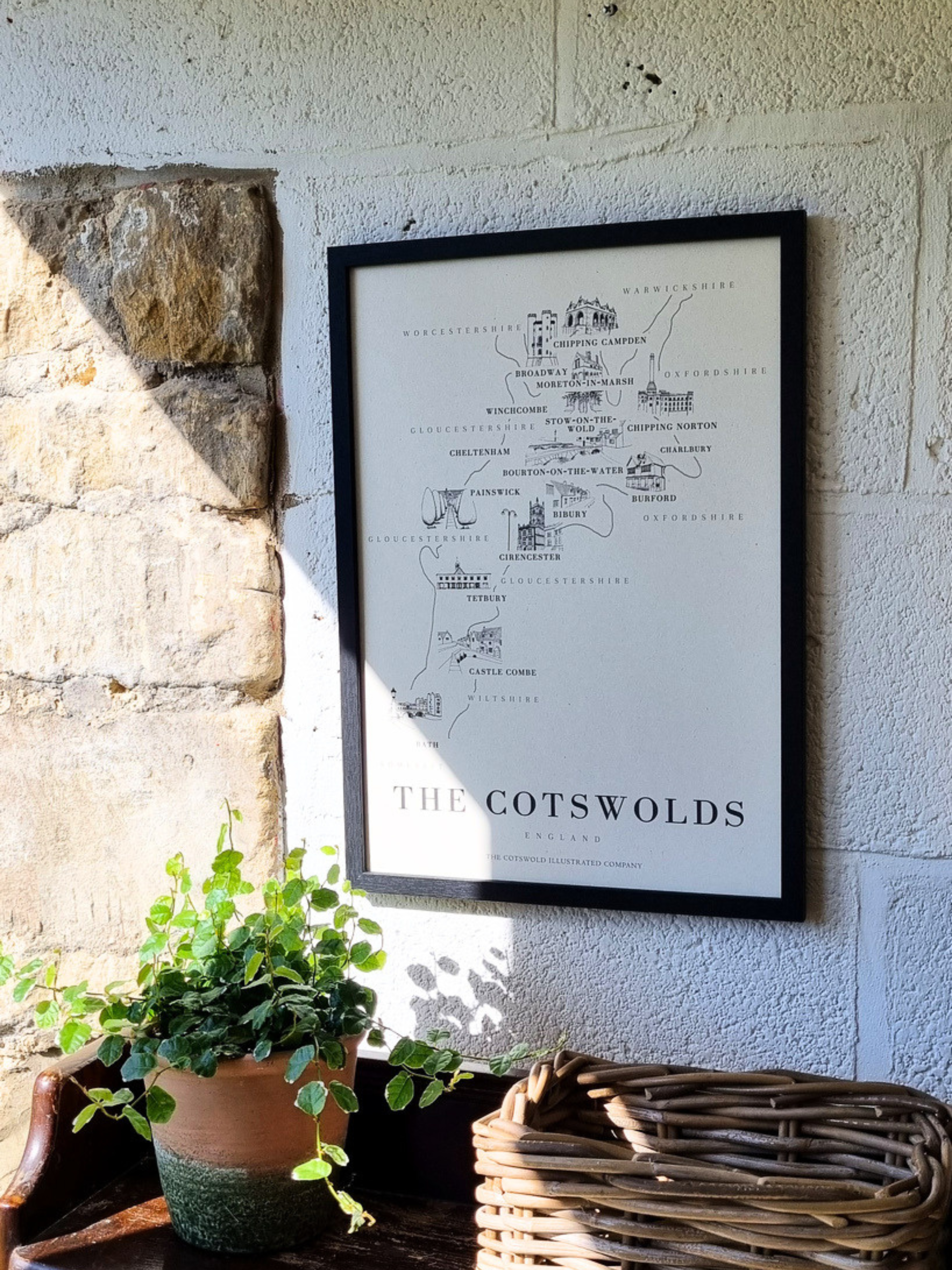 BOLD COTSWOLD MAP - A3 FRAMED - BLACK