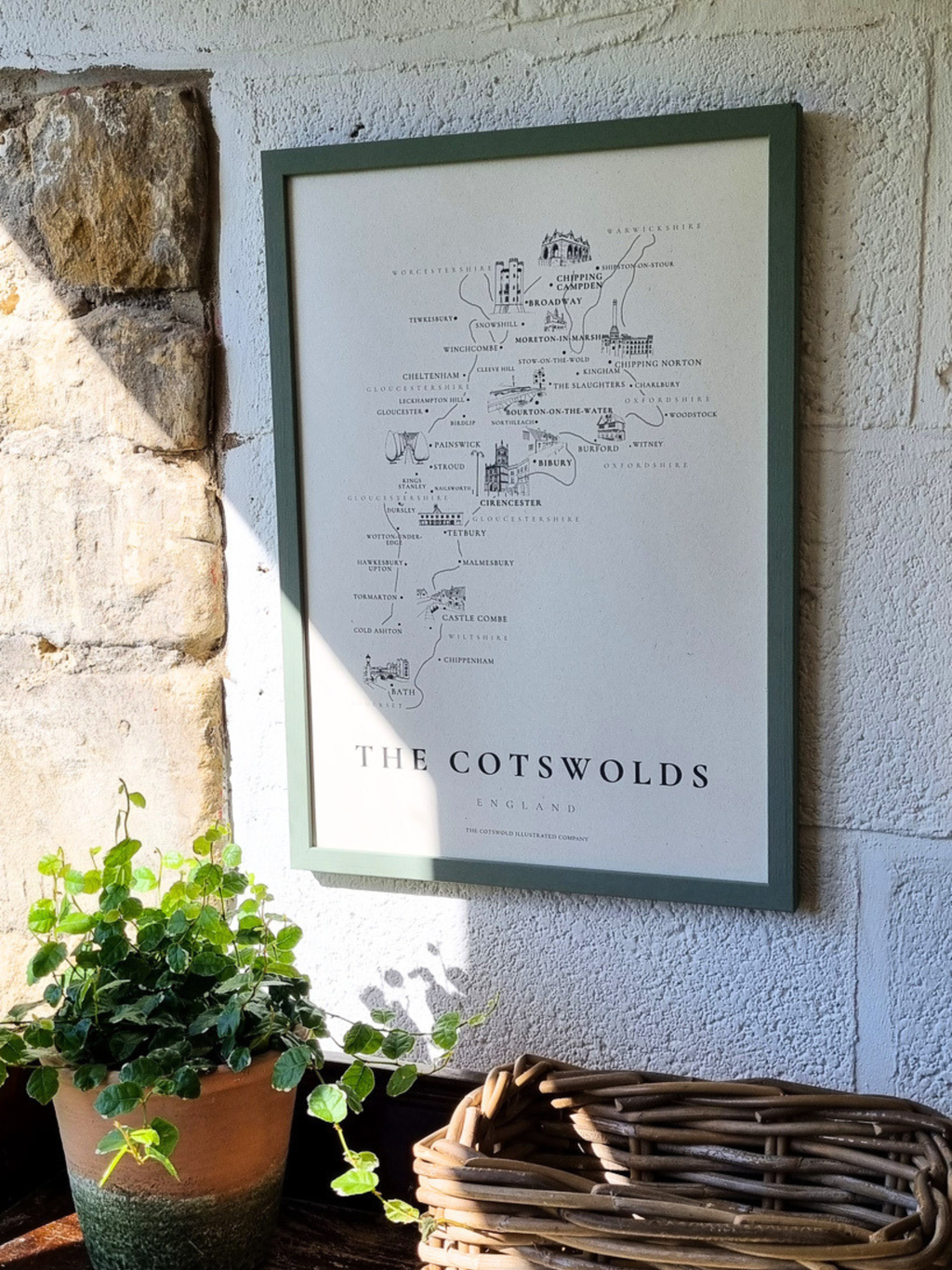 TRADITIONAL COTSWOLD MAP - COTSWOLD WAY - A3 FRAMED - GREEN