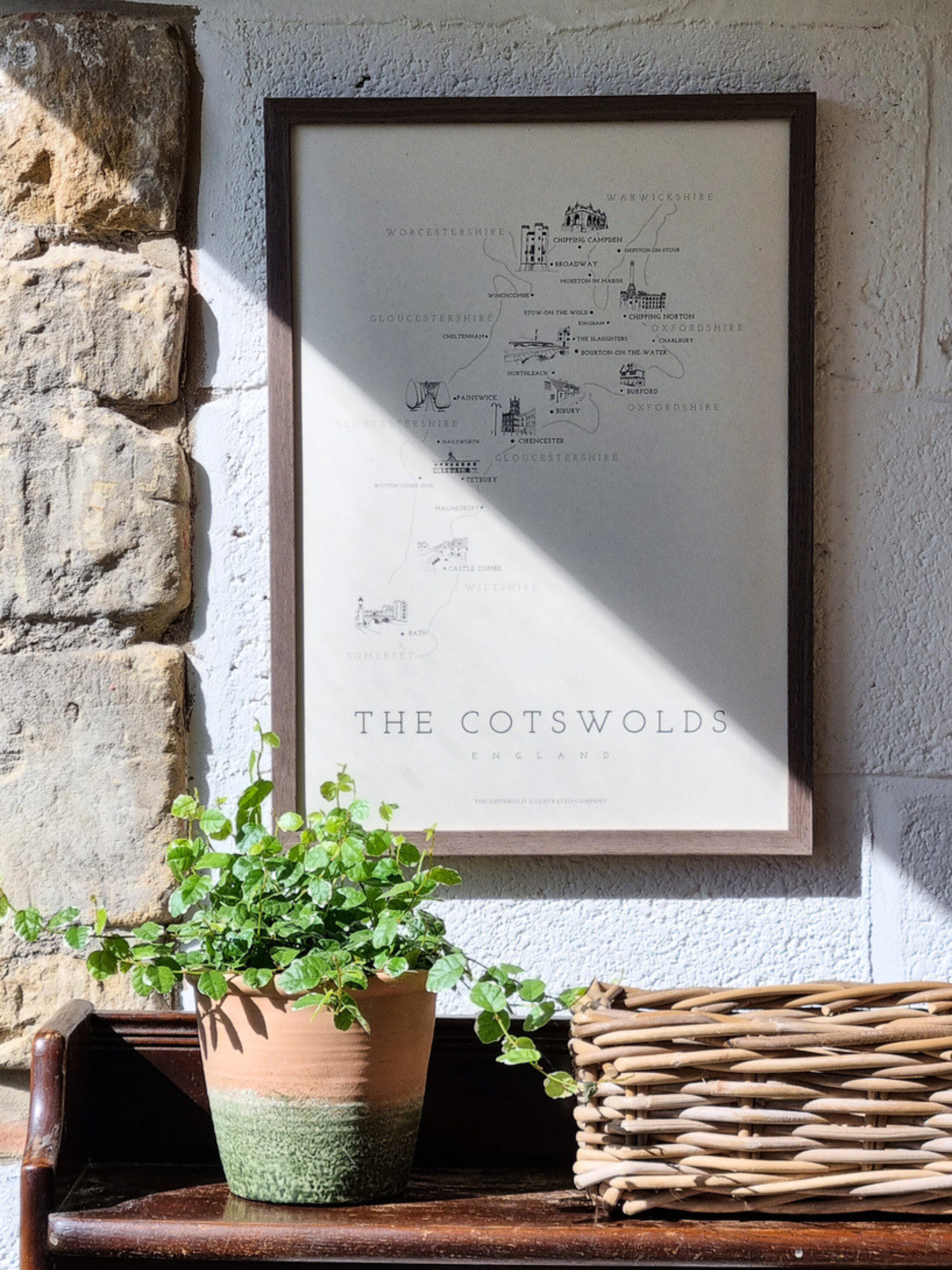 FINE COTSWOLD MAP - A3 FRAMED - BROWN