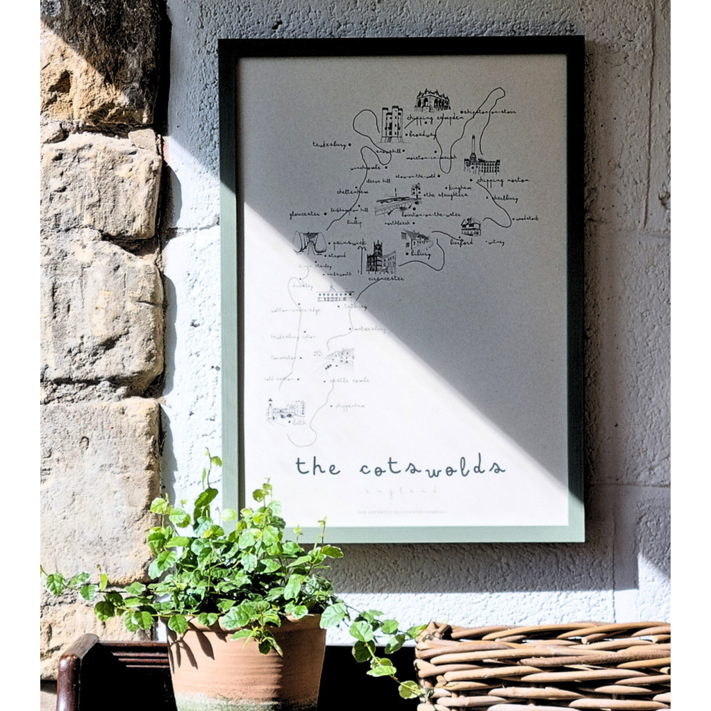 ELEGANT COTSWOLD MAP - COTSWOLD WAY - A3 FRAMED - GREEN