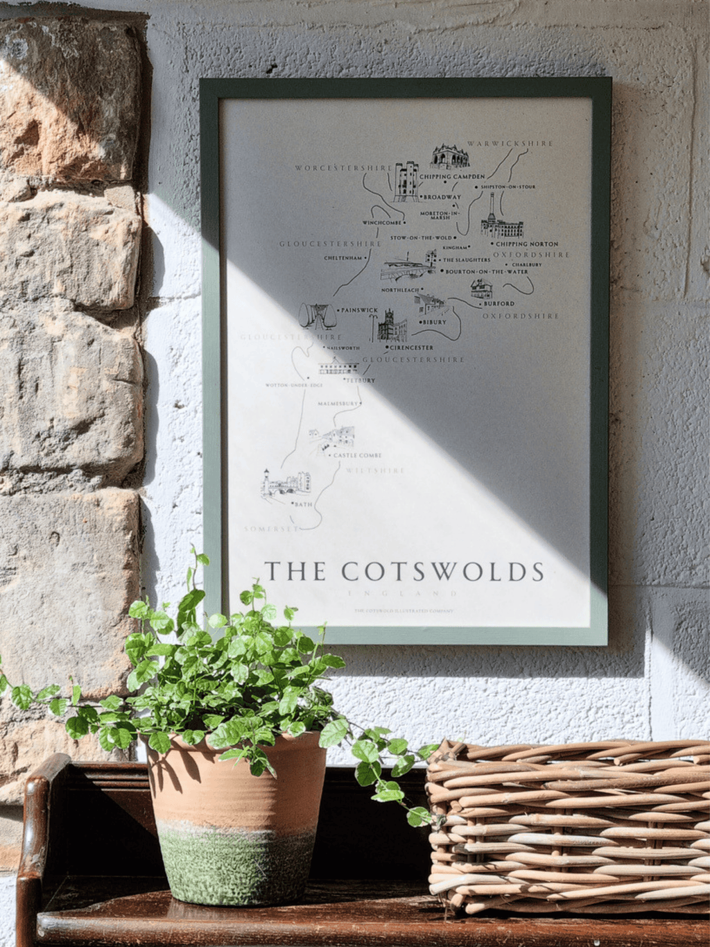 CLASSIC COTSWOLD MAP - A3 FRAMED - GREEN