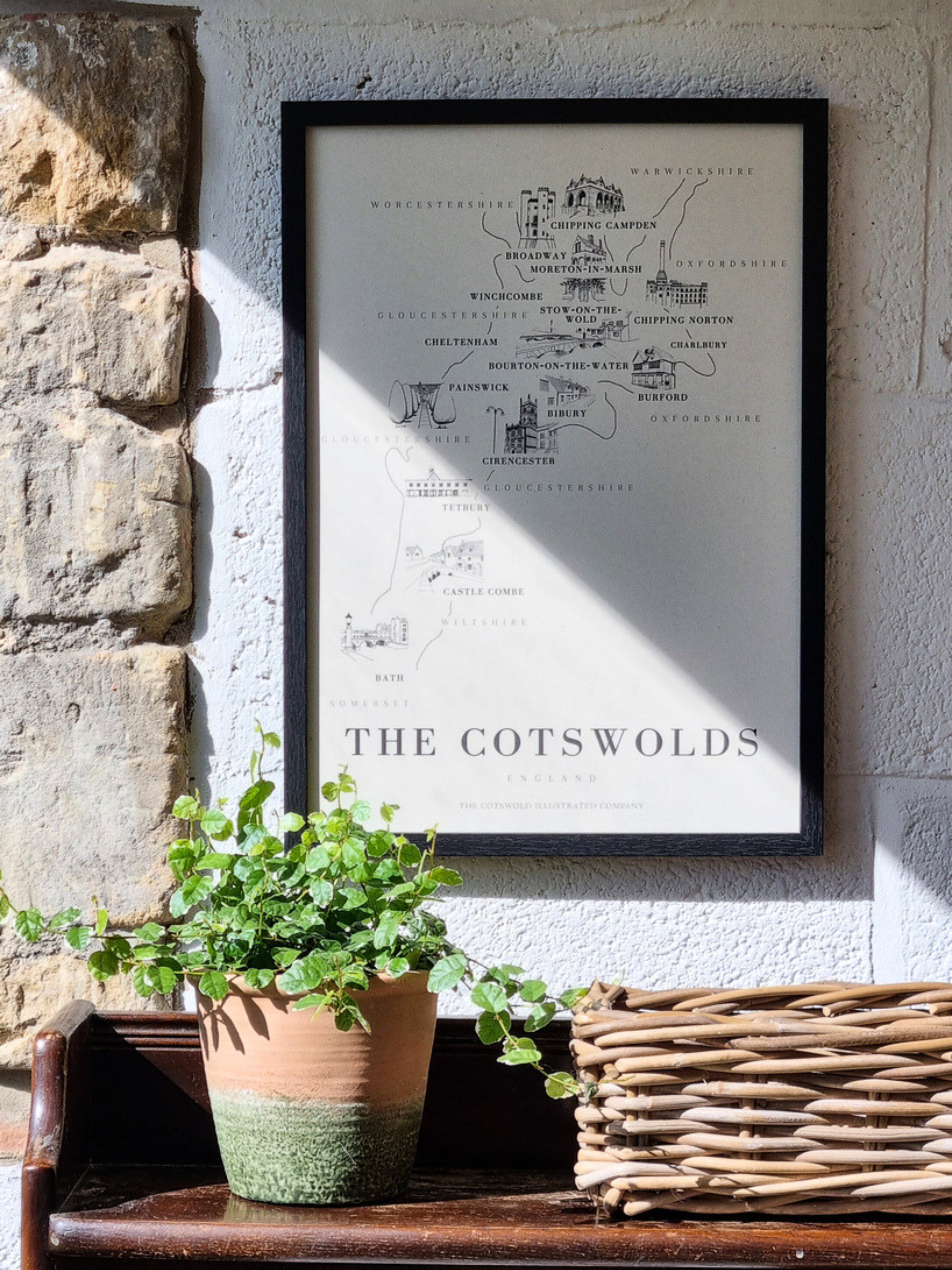 BOLD COTSWOLD MAP - A3 FRAMED - BLACK