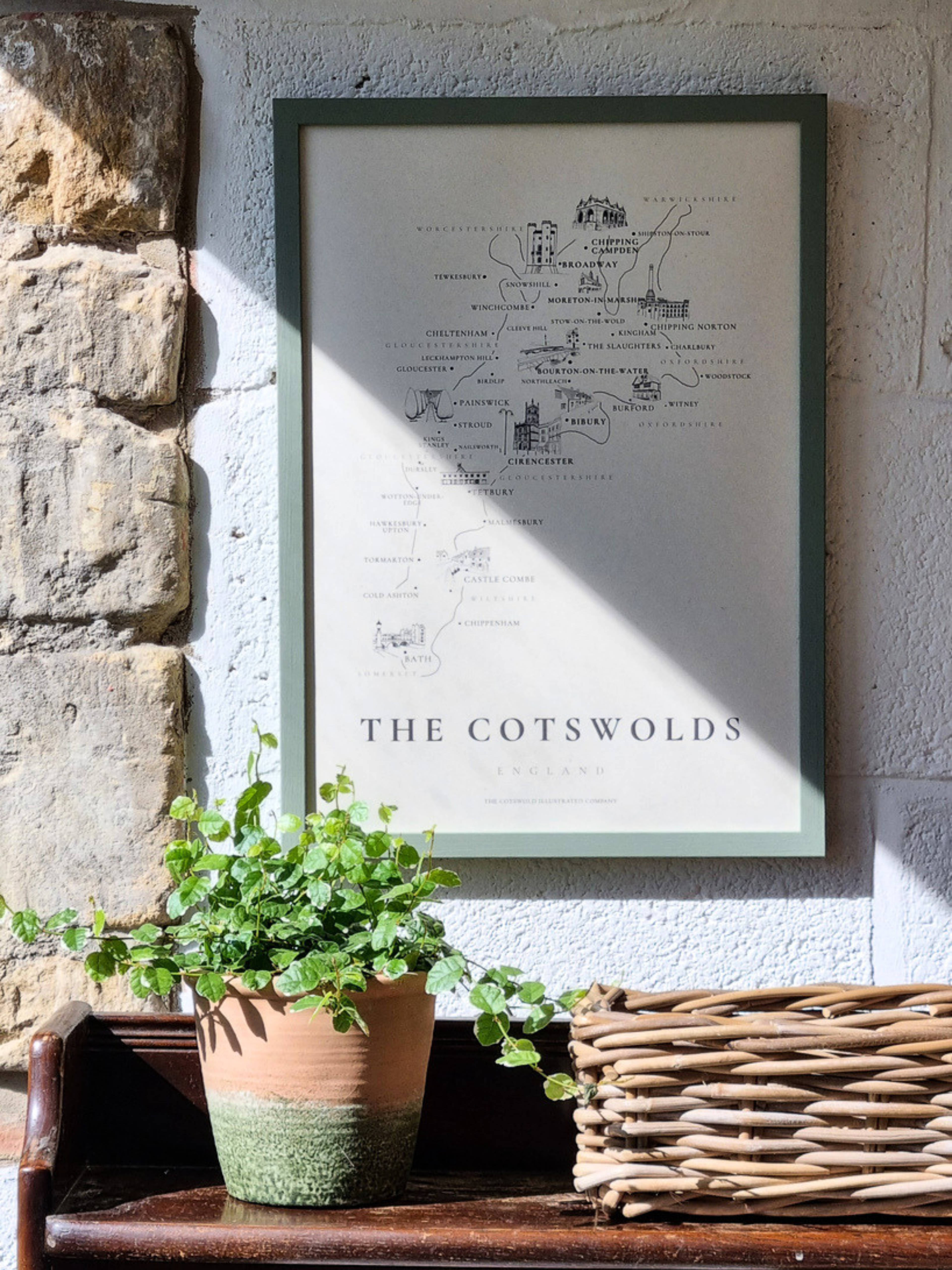 TRADITIONAL COTSWOLD MAP - COTSWOLD WAY - A3 FRAMED - GREEN