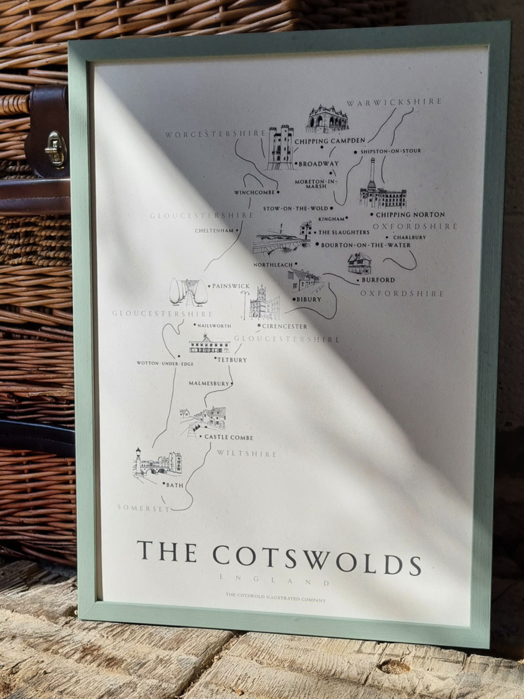 CLASSIC COTSWOLD MAP - A3 FRAMED - GREEN