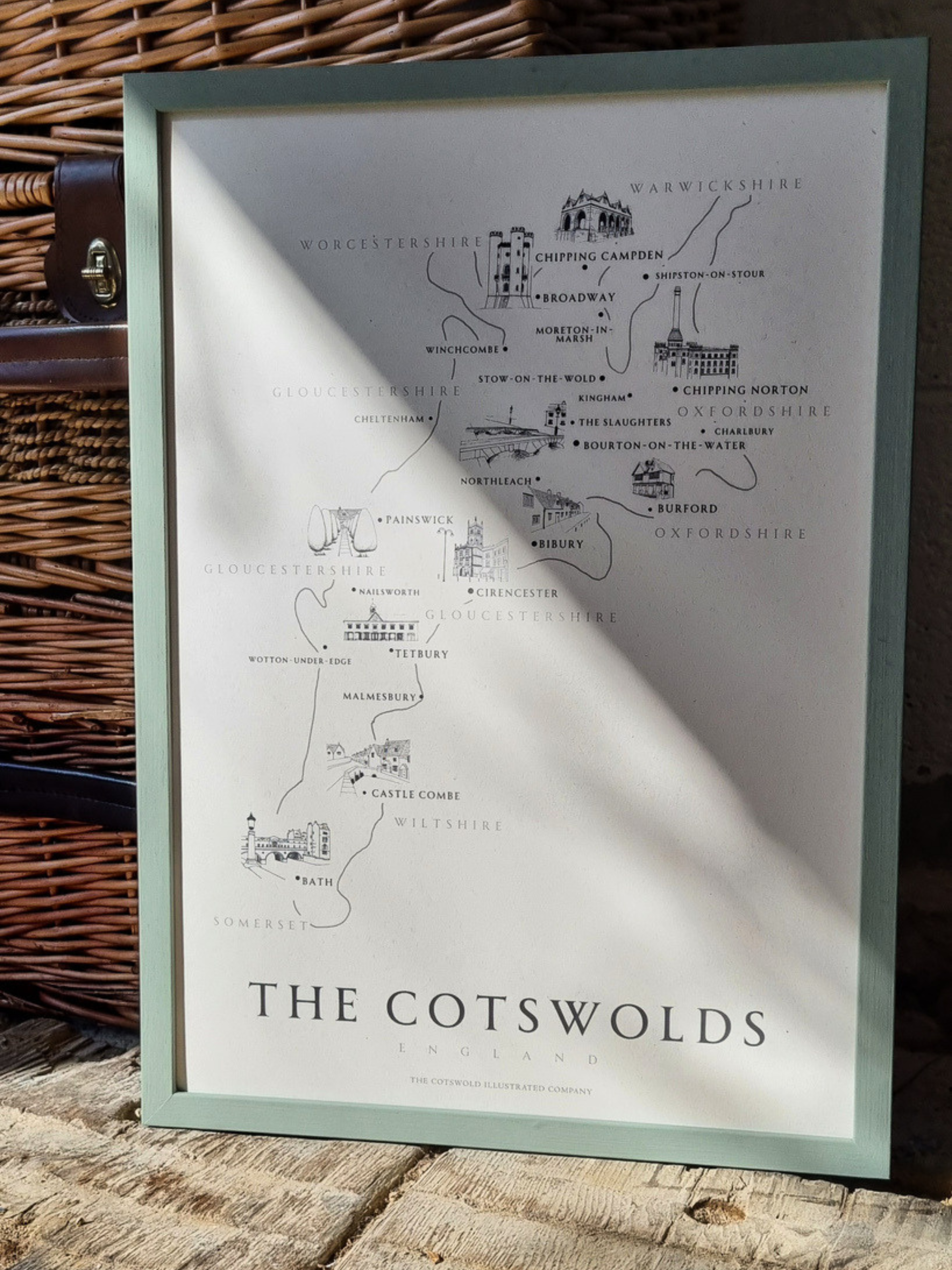 CLASSIC COTSWOLD MAP - A3 FRAMED - GREEN