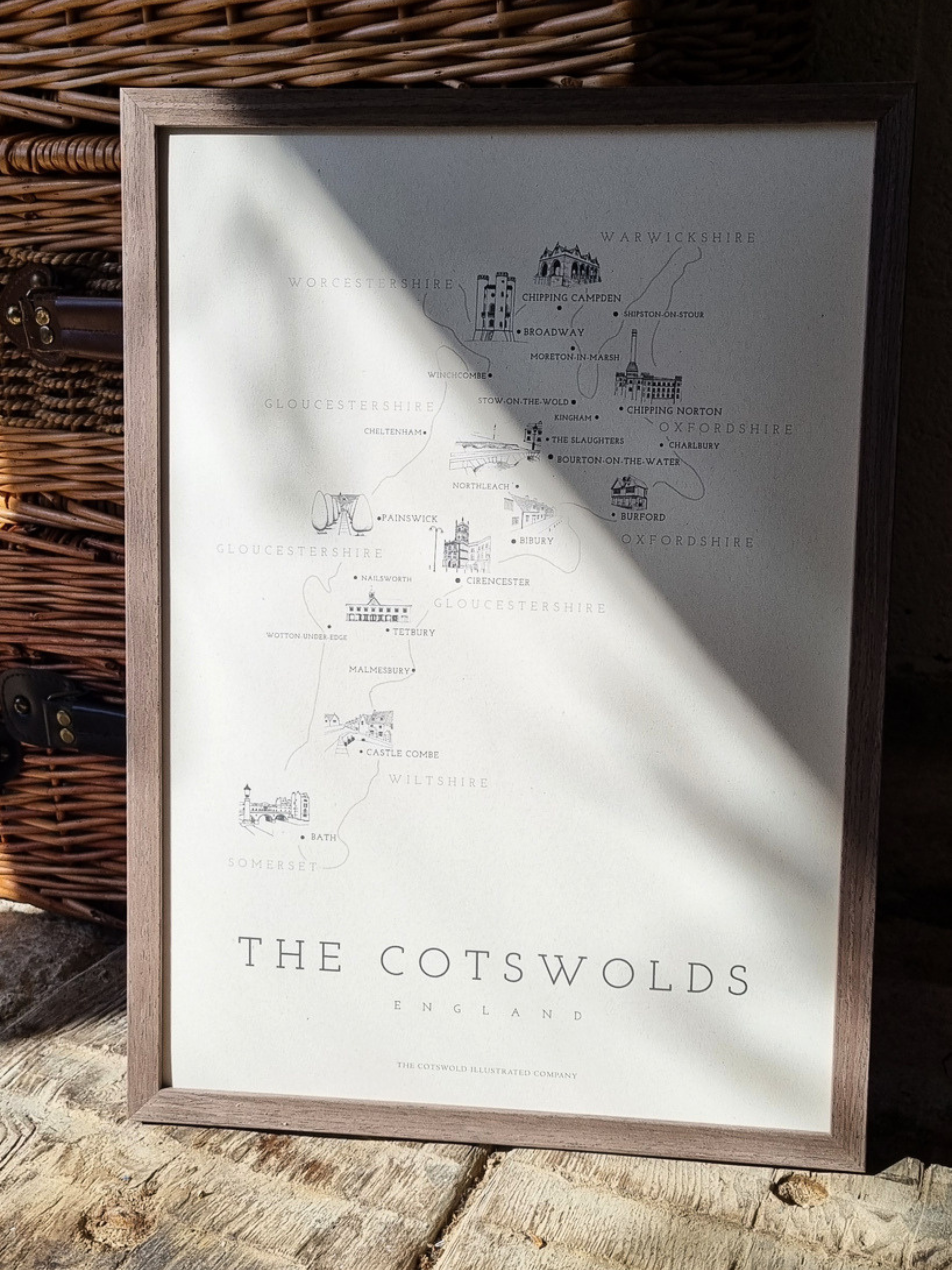 FINE COTSWOLD MAP - A3 FRAMED - BROWN