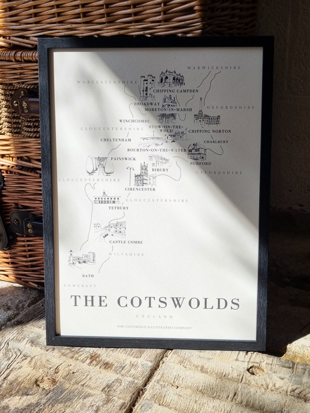 BOLD COTSWOLD MAP - A3 FRAMED - BLACK