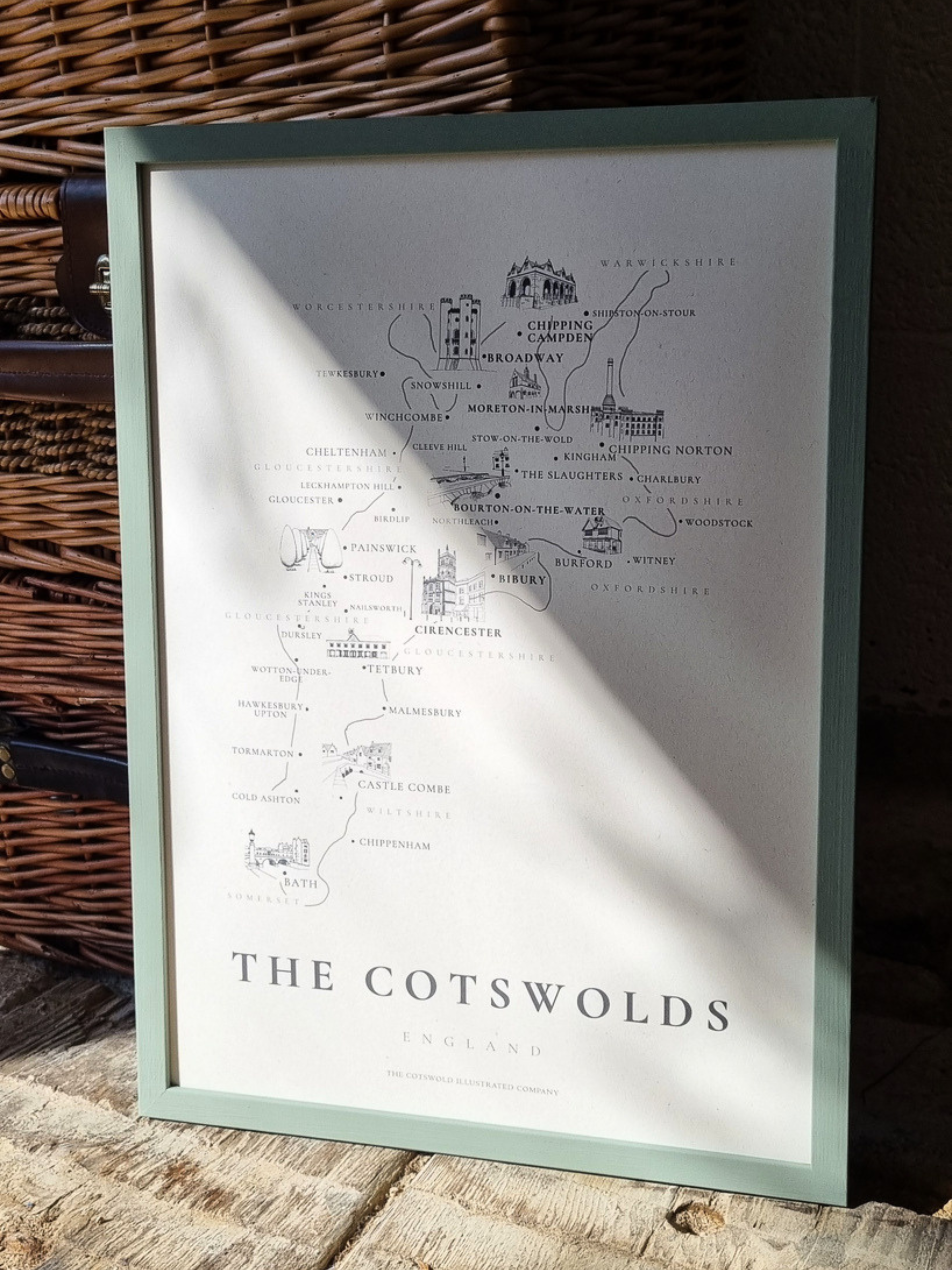 TRADITIONAL COTSWOLD MAP - COTSWOLD WAY - A3 FRAMED - GREEN
