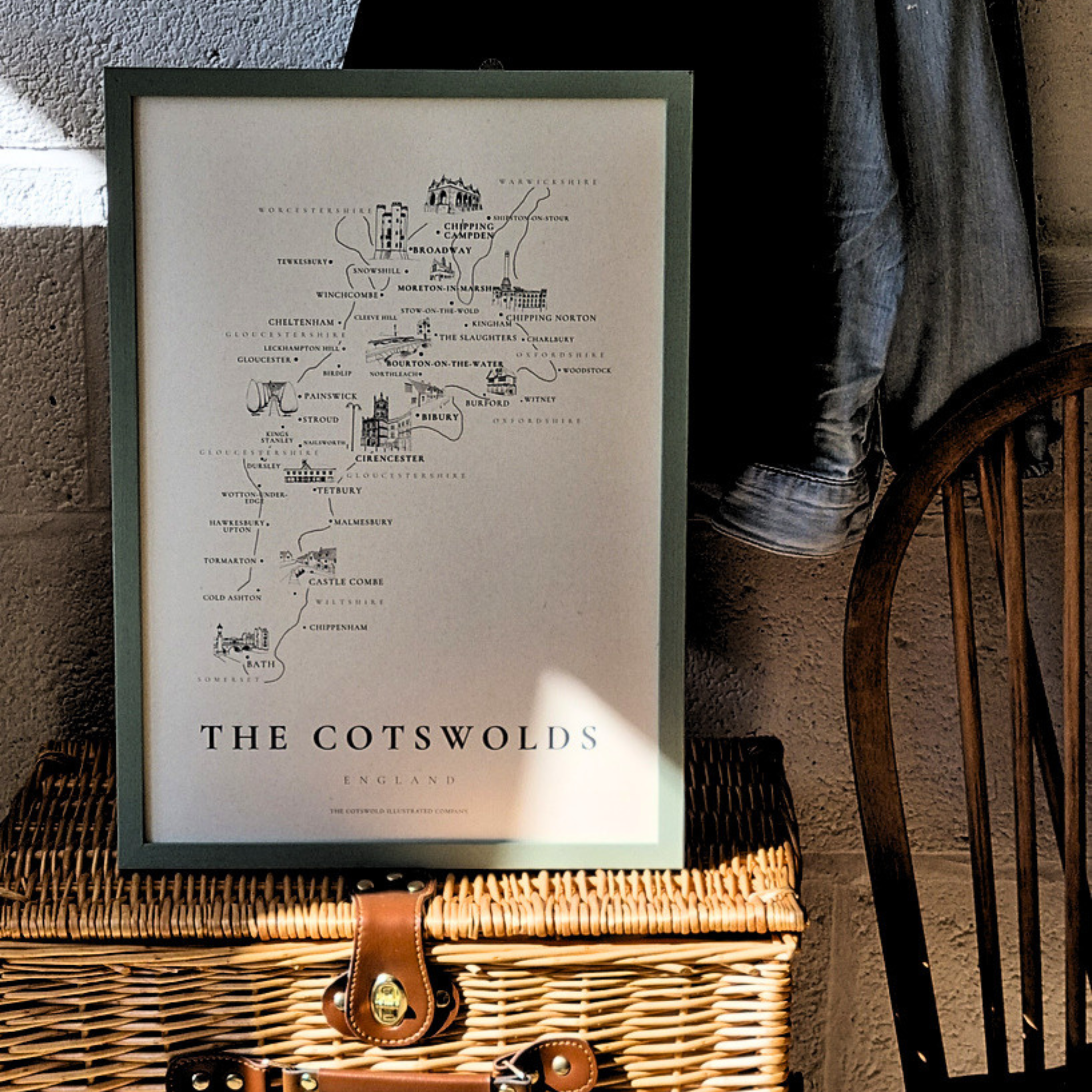 TRADITIONAL COTSWOLD MAP - COTSWOLD WAY - A3 FRAMED - GREEN