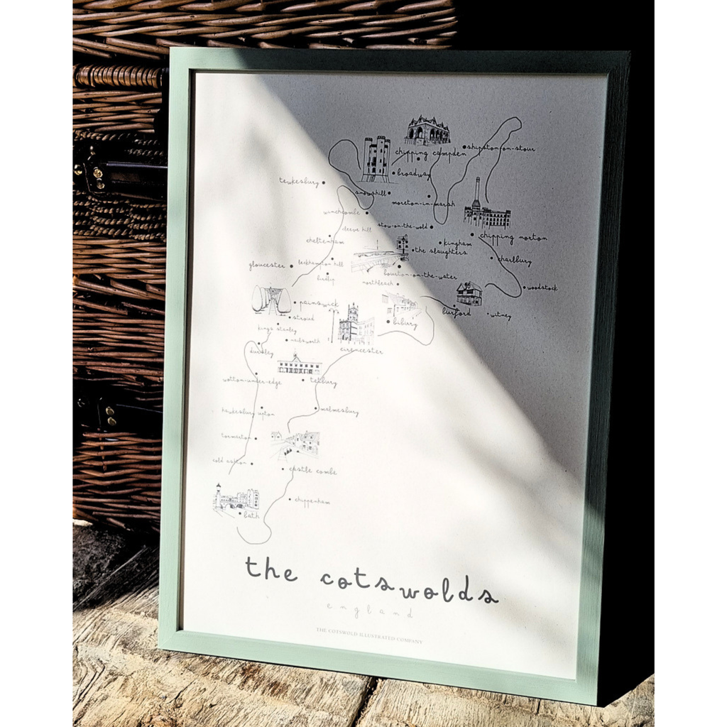 ELEGANT COTSWOLD MAP - COTSWOLD WAY - A3 FRAMED - GREEN