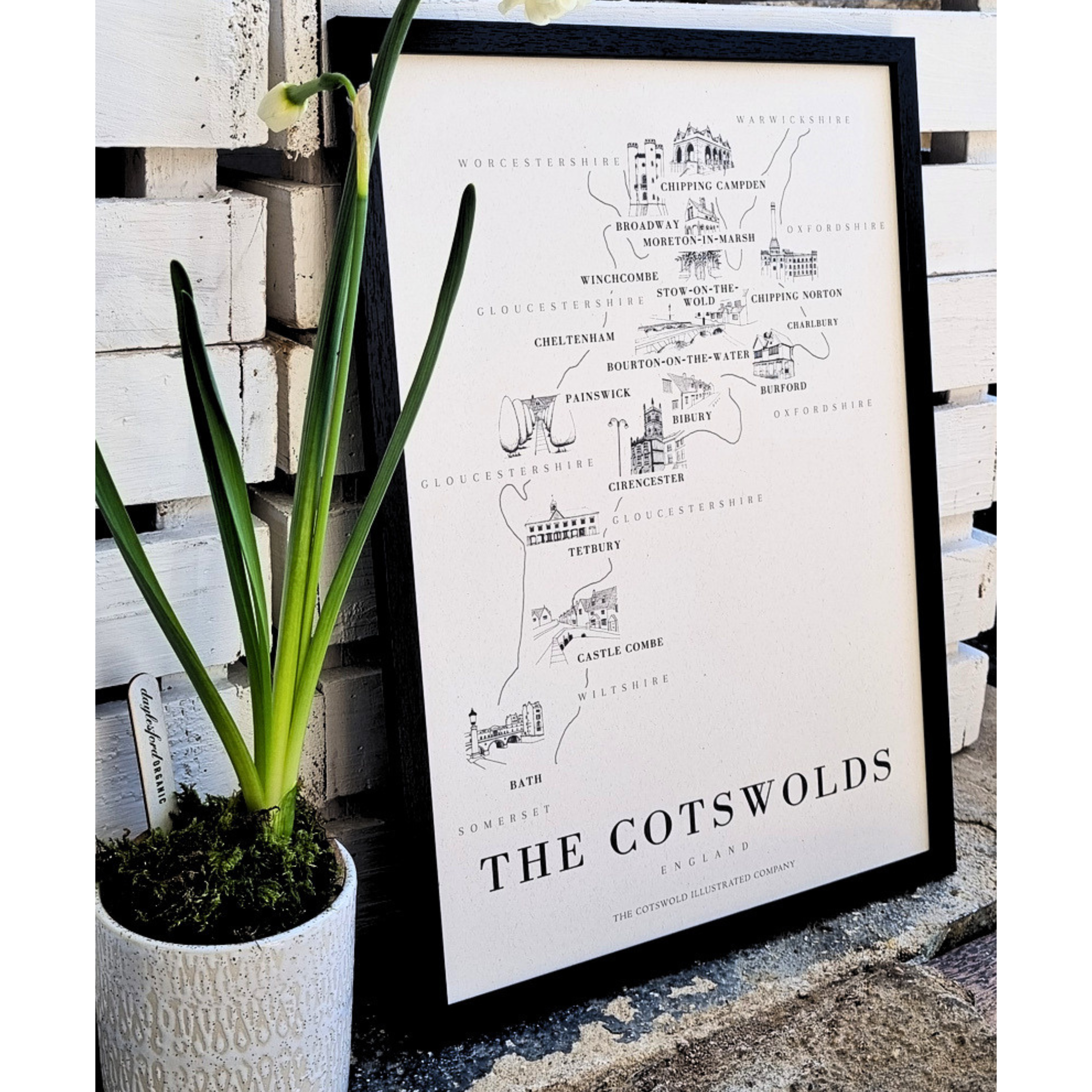 BOLD COTSWOLD MAP - A3 FRAMED - BLACK