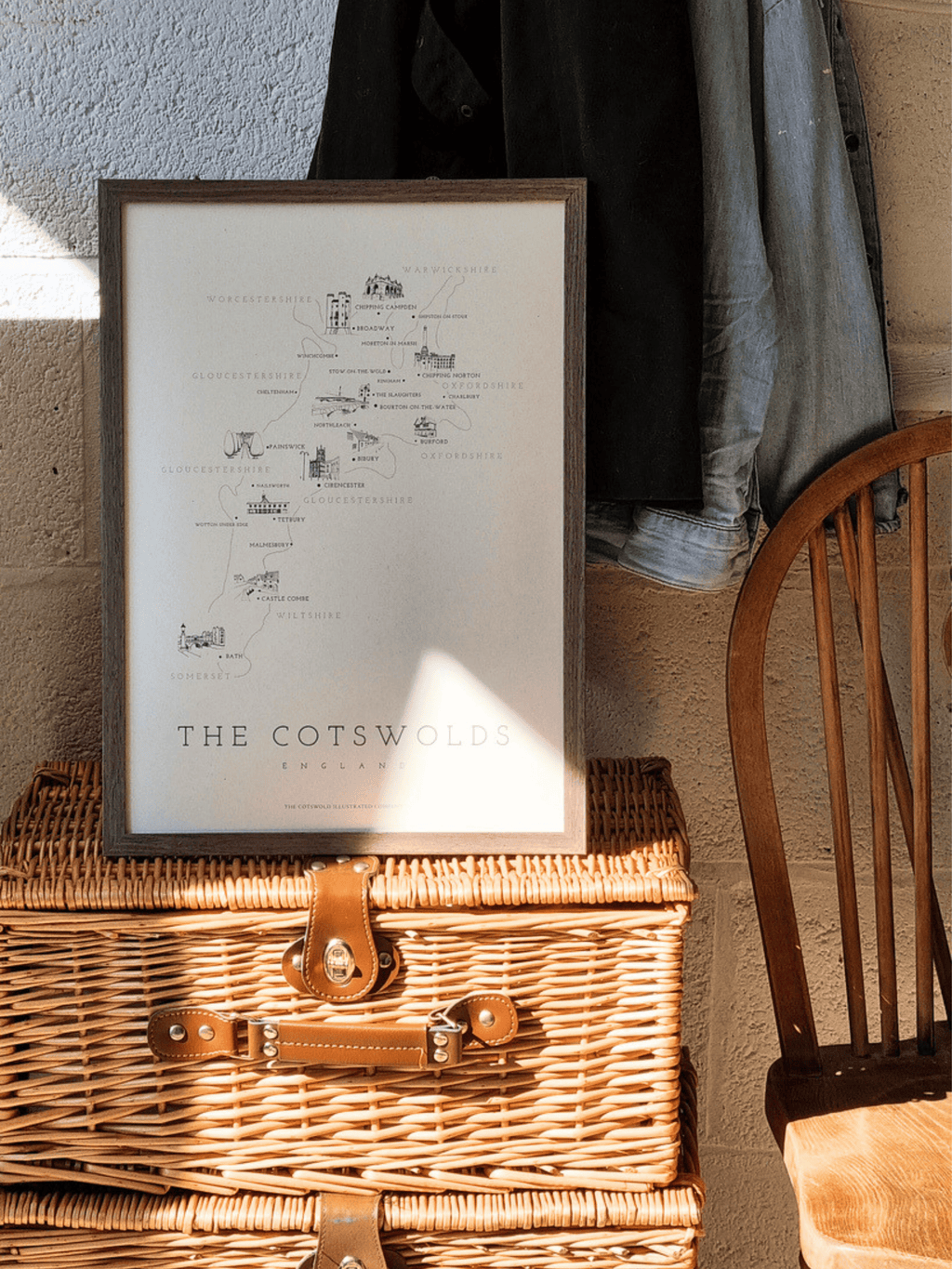 FINE COTSWOLD MAP - A3 FRAMED - BROWN