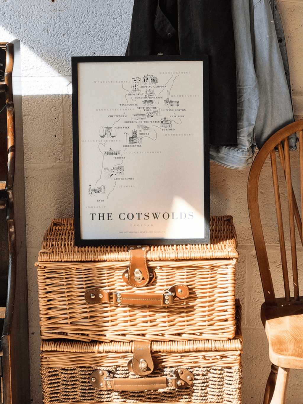 BOLD COTSWOLD MAP - A3 FRAMED - BLACK