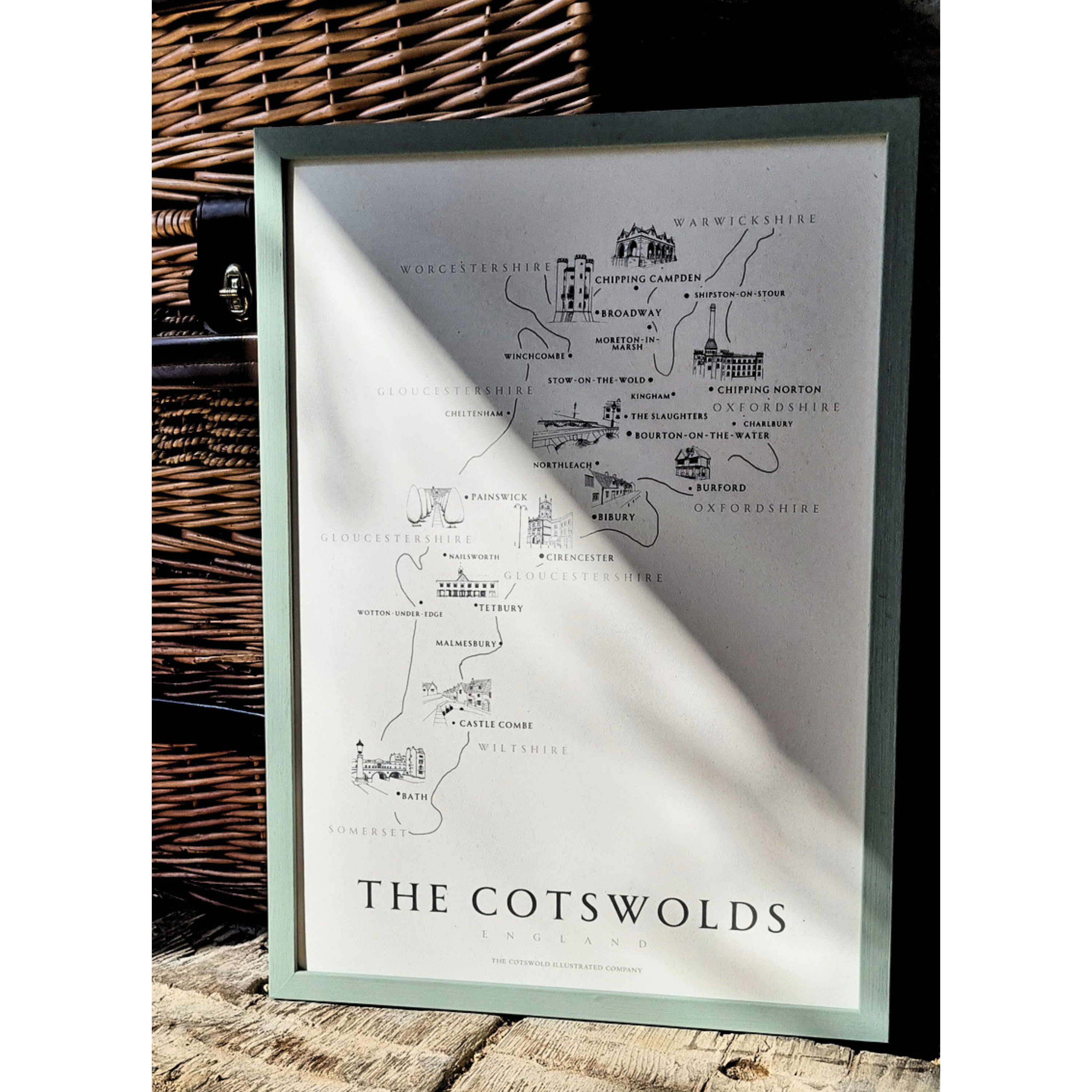 CLASSIC COTSWOLD MAP - A3 FRAMED - GREEN