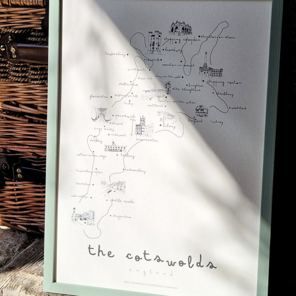 ELEGANT COTSWOLD MAP - COTSWOLD WAY - A3 FRAMED - GREEN