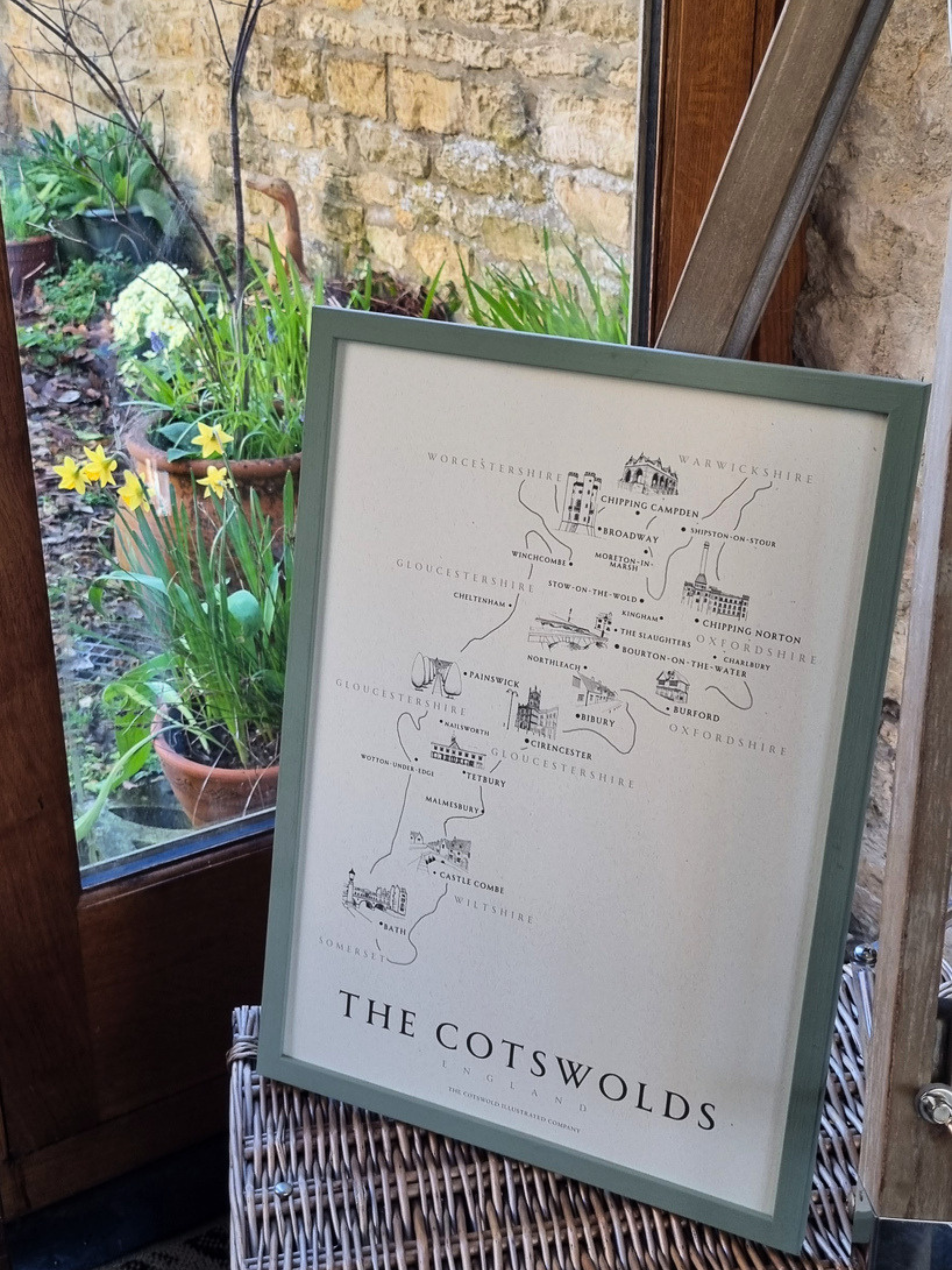 CLASSIC COTSWOLD MAP - A3 FRAMED - GREEN
