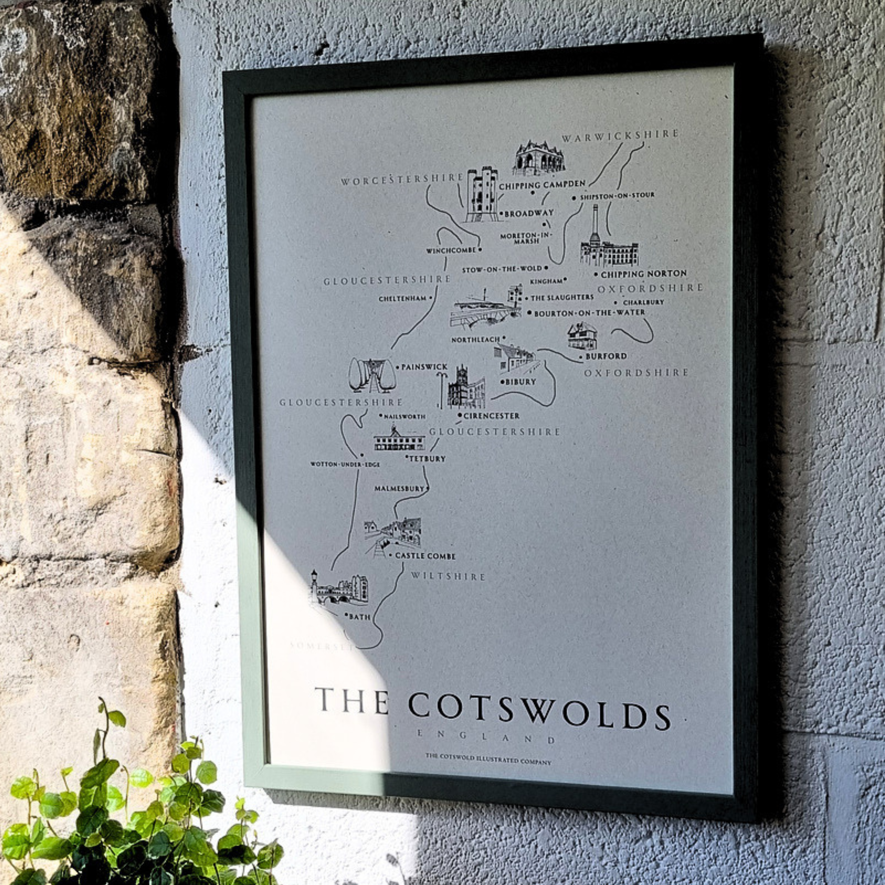 CLASSIC COTSWOLD MAP - A3 FRAMED - GREEN