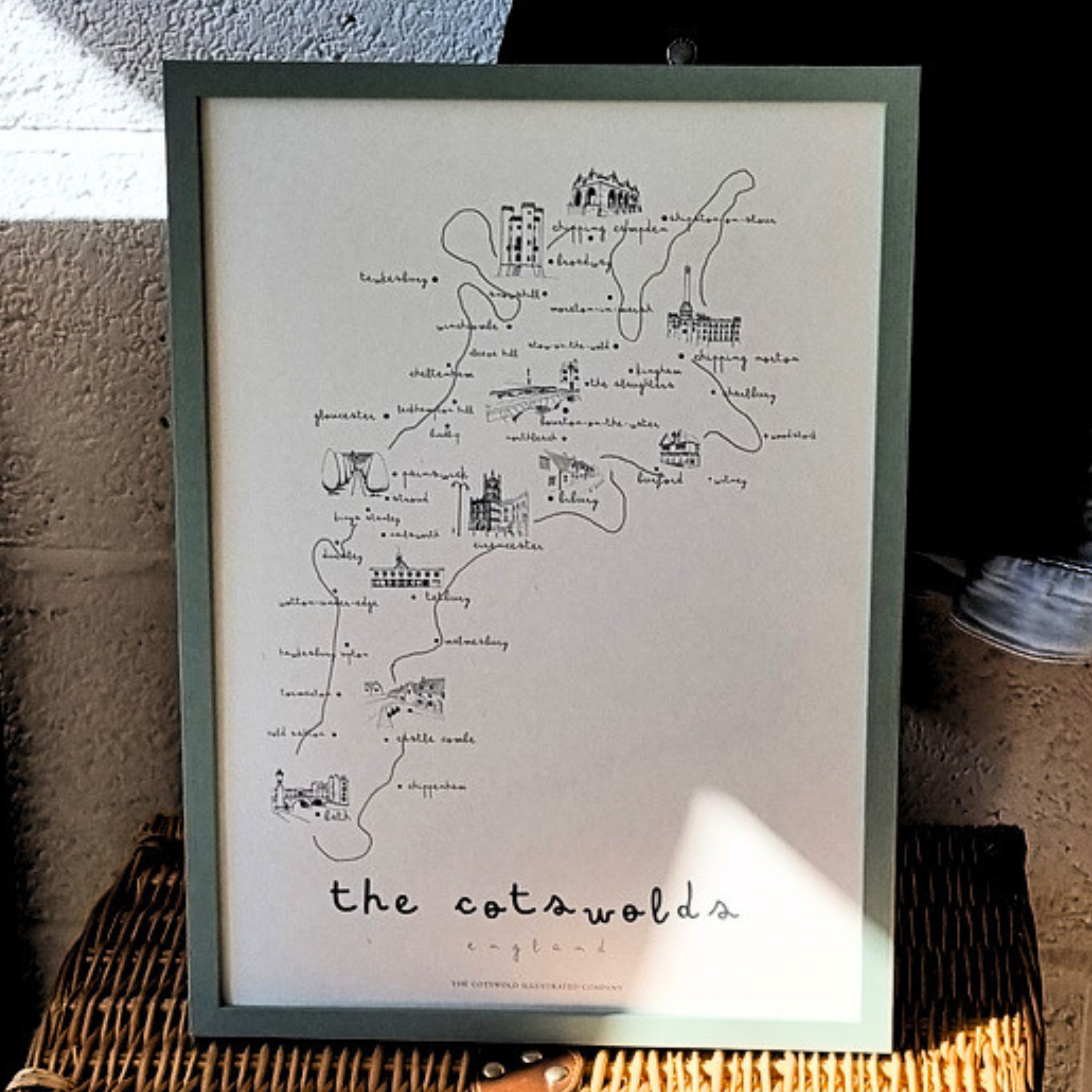 ELEGANT COTSWOLD MAP - COTSWOLD WAY - A3 FRAMED - GREEN