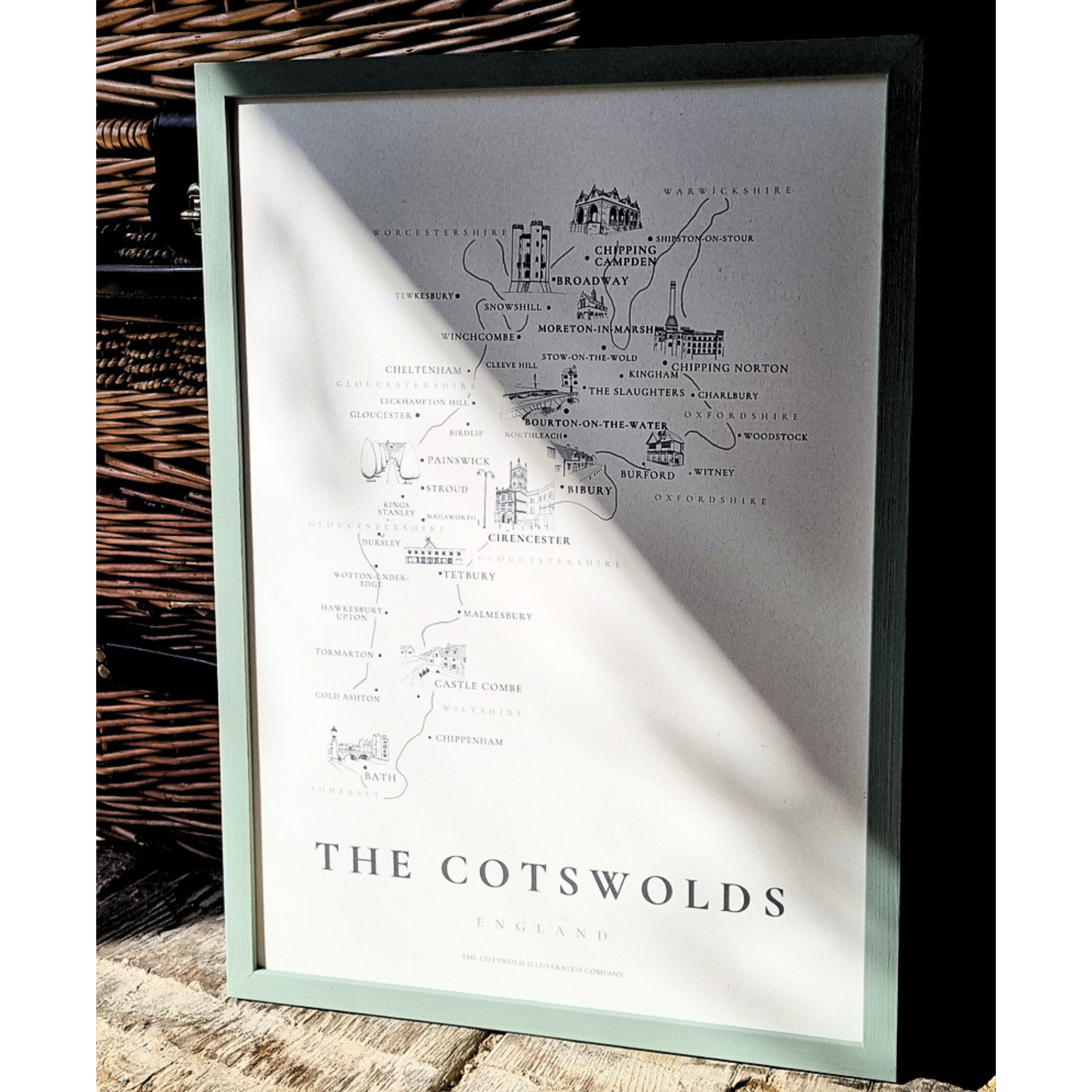 TRADITIONAL COTSWOLD MAP - COTSWOLD WAY - A3 FRAMED - GREEN