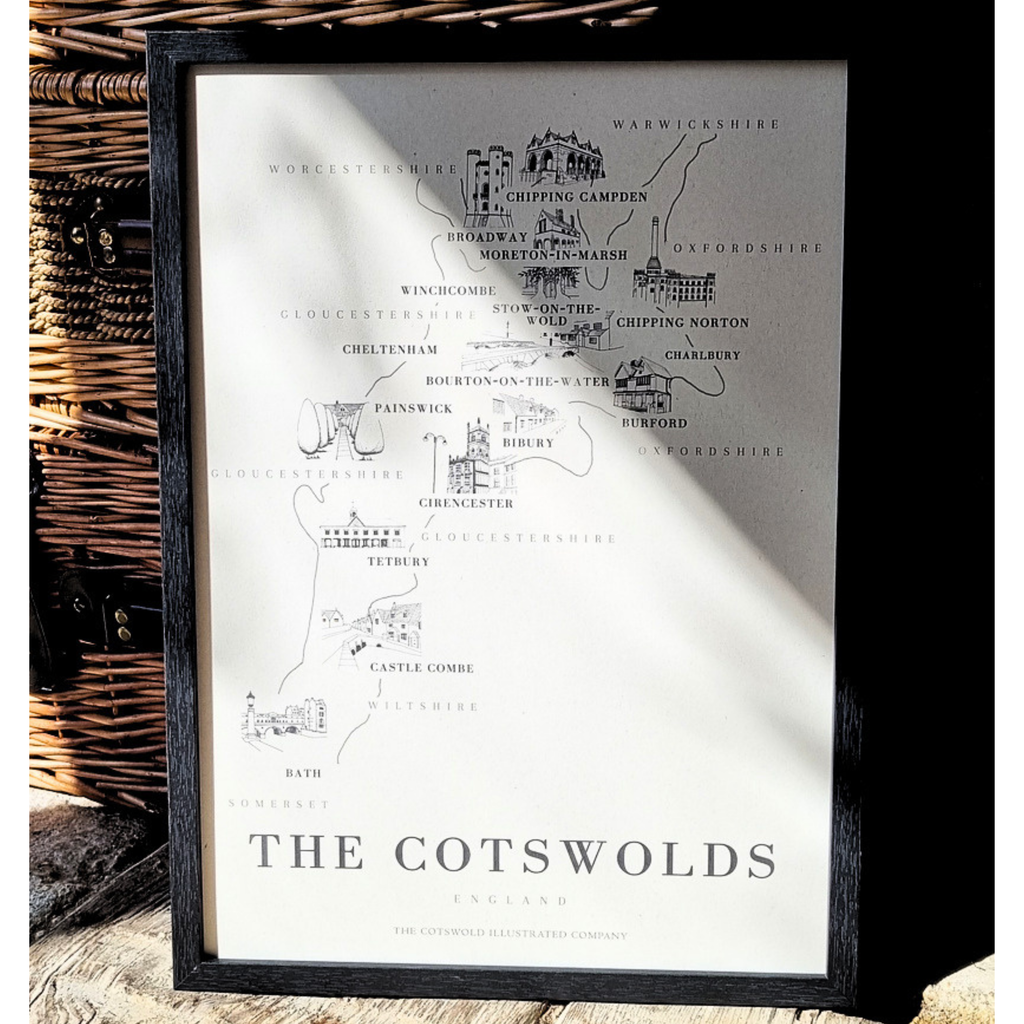 BOLD COTSWOLD MAP - A3 FRAMED - BLACK