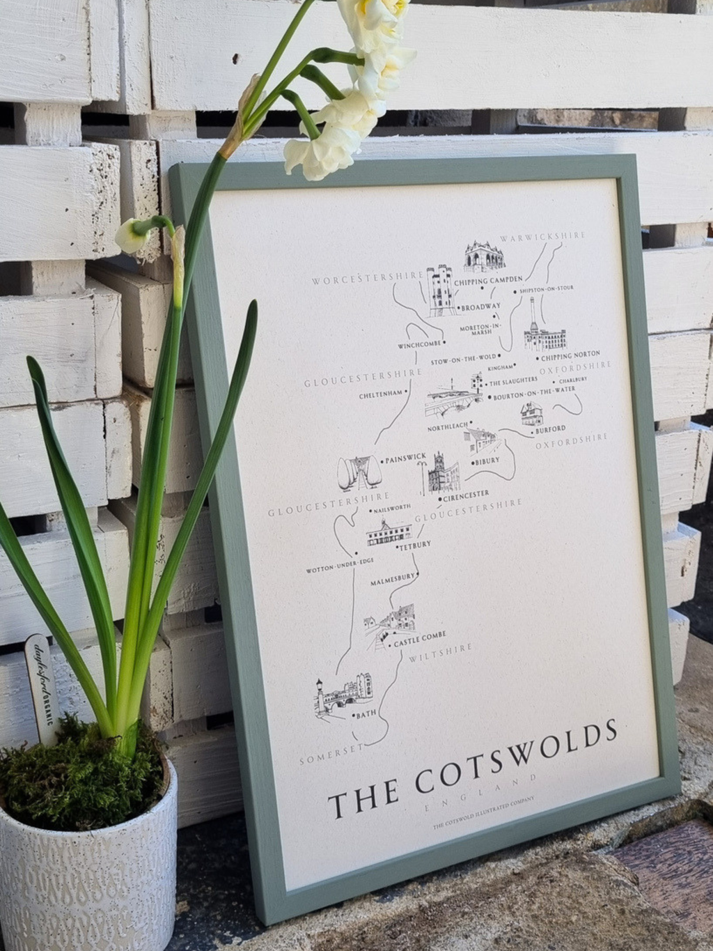 CLASSIC COTSWOLD MAP - A3 FRAMED - GREEN