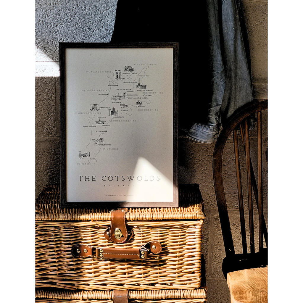 FINE COTSWOLD MAP - A3 FRAMED - BROWN