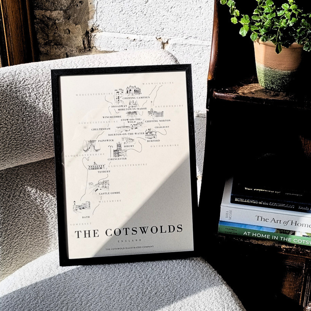 BOLD COTSWOLD MAP - A3 FRAMED - BLACK