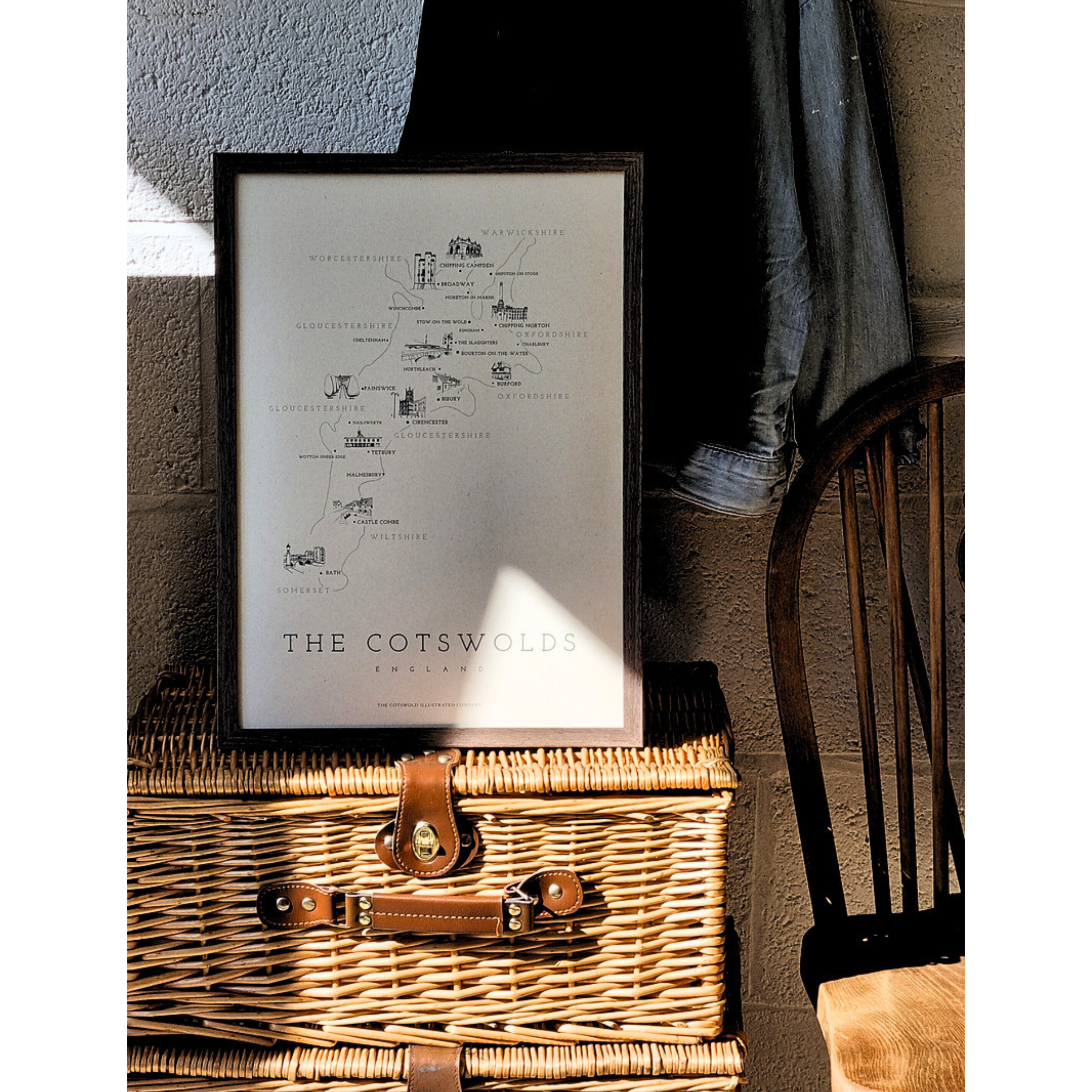 FINE COTSWOLD MAP - A3 FRAMED - BROWN