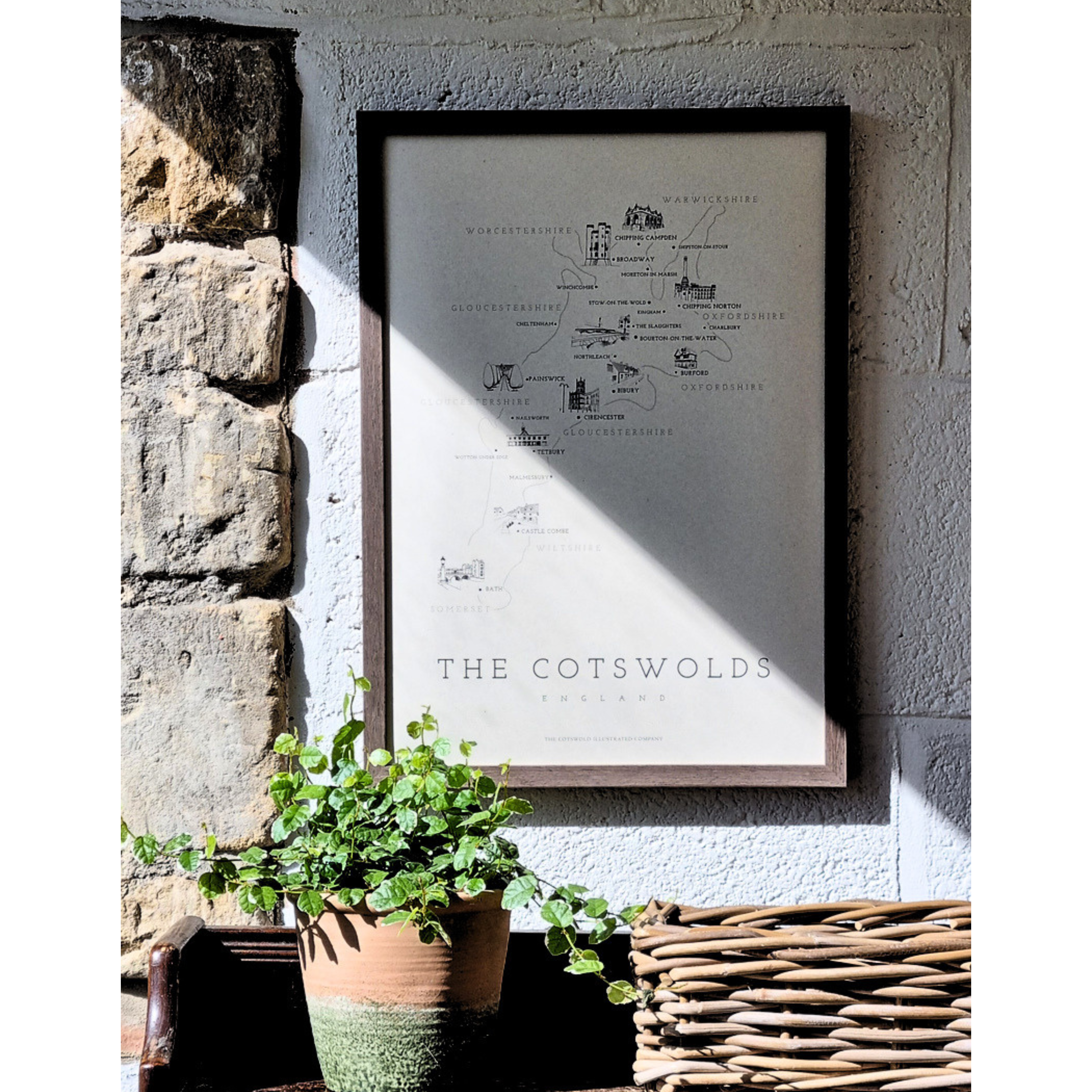 FINE COTSWOLD MAP - A3 FRAMED - BROWN