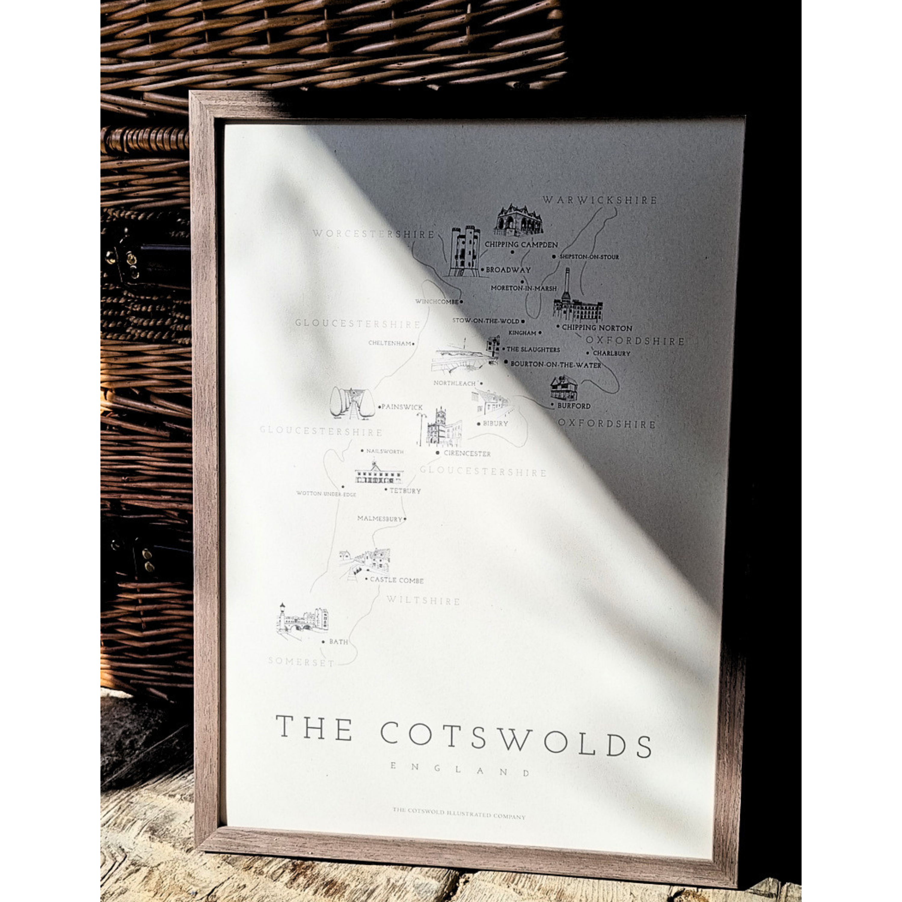 FINE COTSWOLD MAP - A3 FRAMED - BROWN