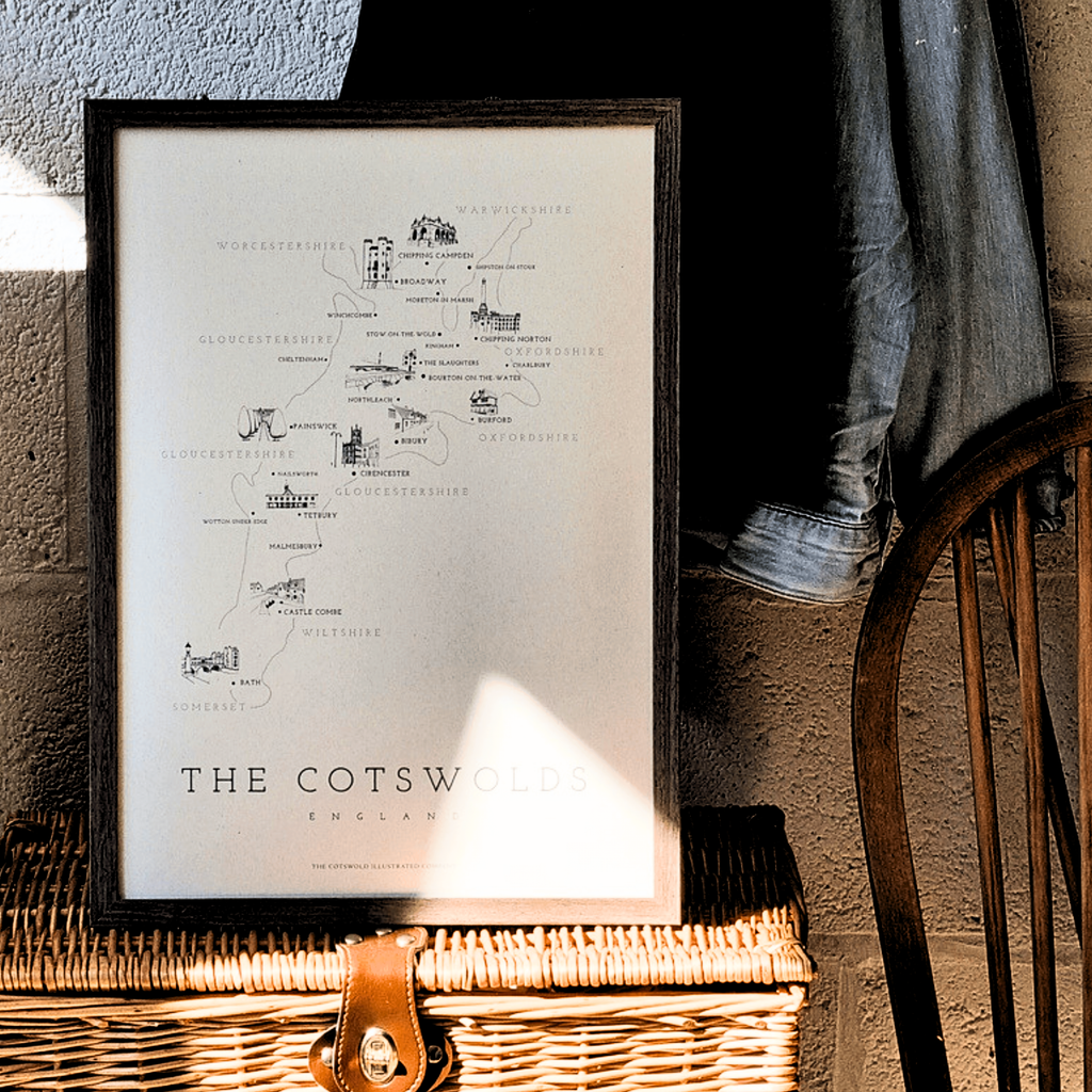 FINE COTSWOLD MAP - A3 FRAMED - BROWN