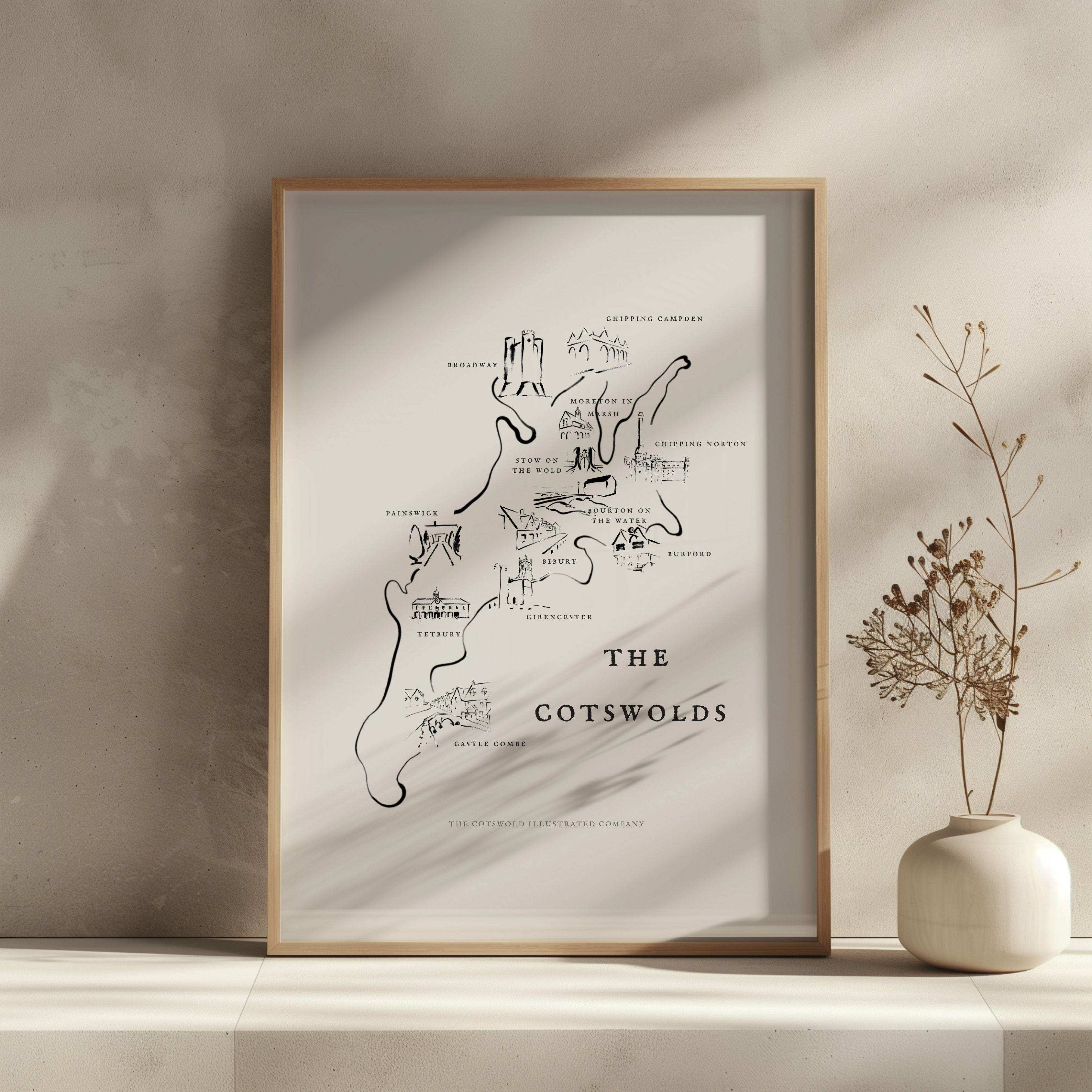 Cotswold Map Art Print A3/A4 Wall Art Home Decor Unframed - Painted