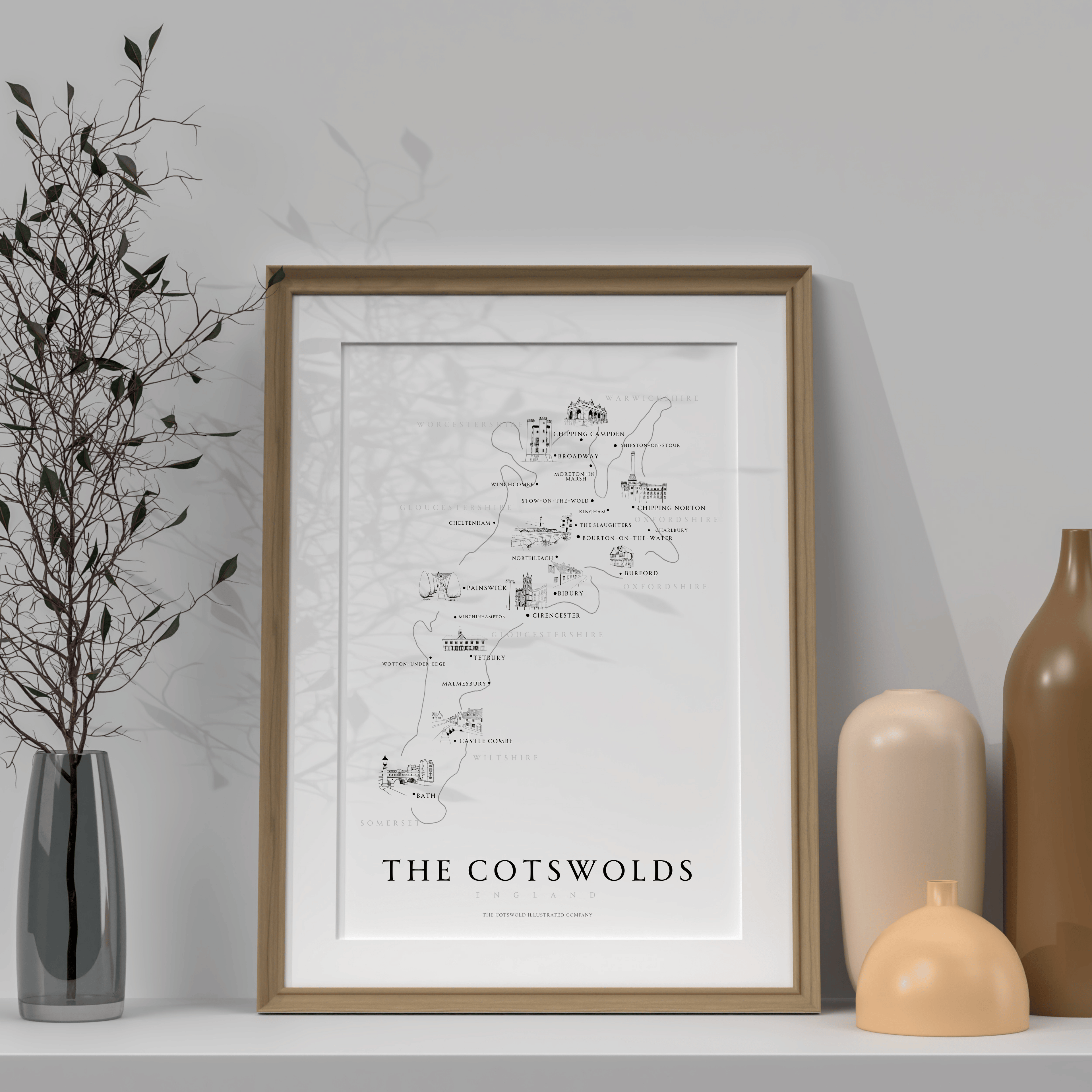 Cotswold Hand-illustrated Pen and Ink Map Print A3/A4/A5 Unframed Wall Art - Classic