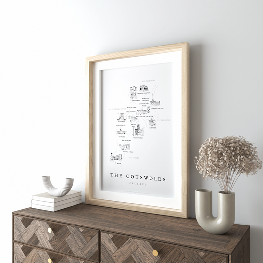 Cotswold Map Framed A3 Print - Light Wood