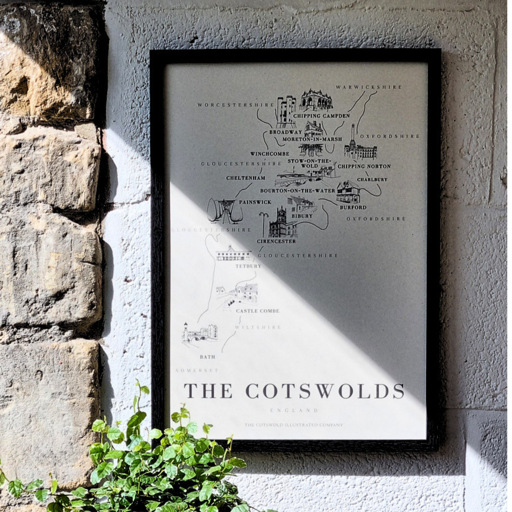 BOLD COTSWOLD MAP - A3 FRAMED - BLACK