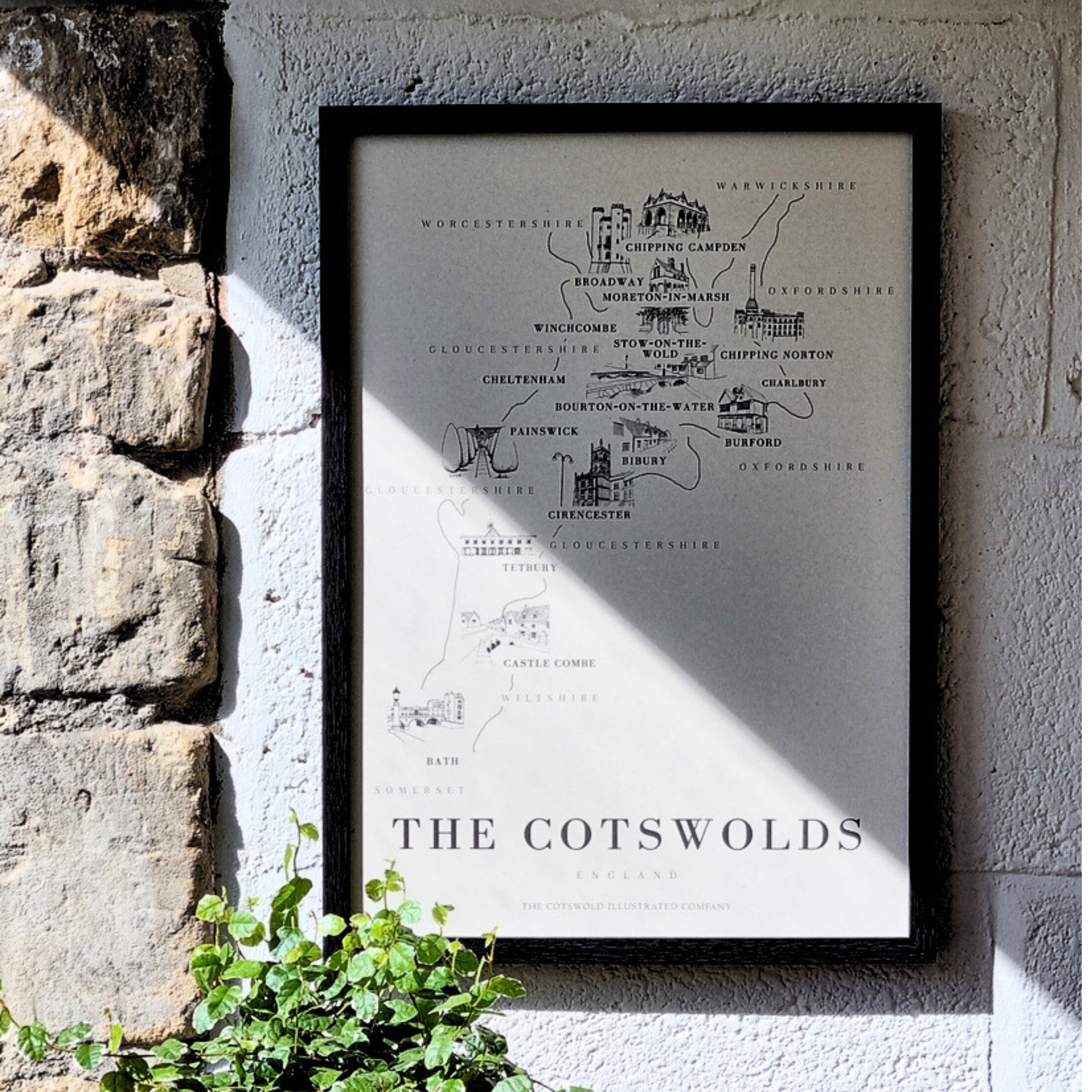 BOLD COTSWOLD MAP - A3 FRAMED - BLACK