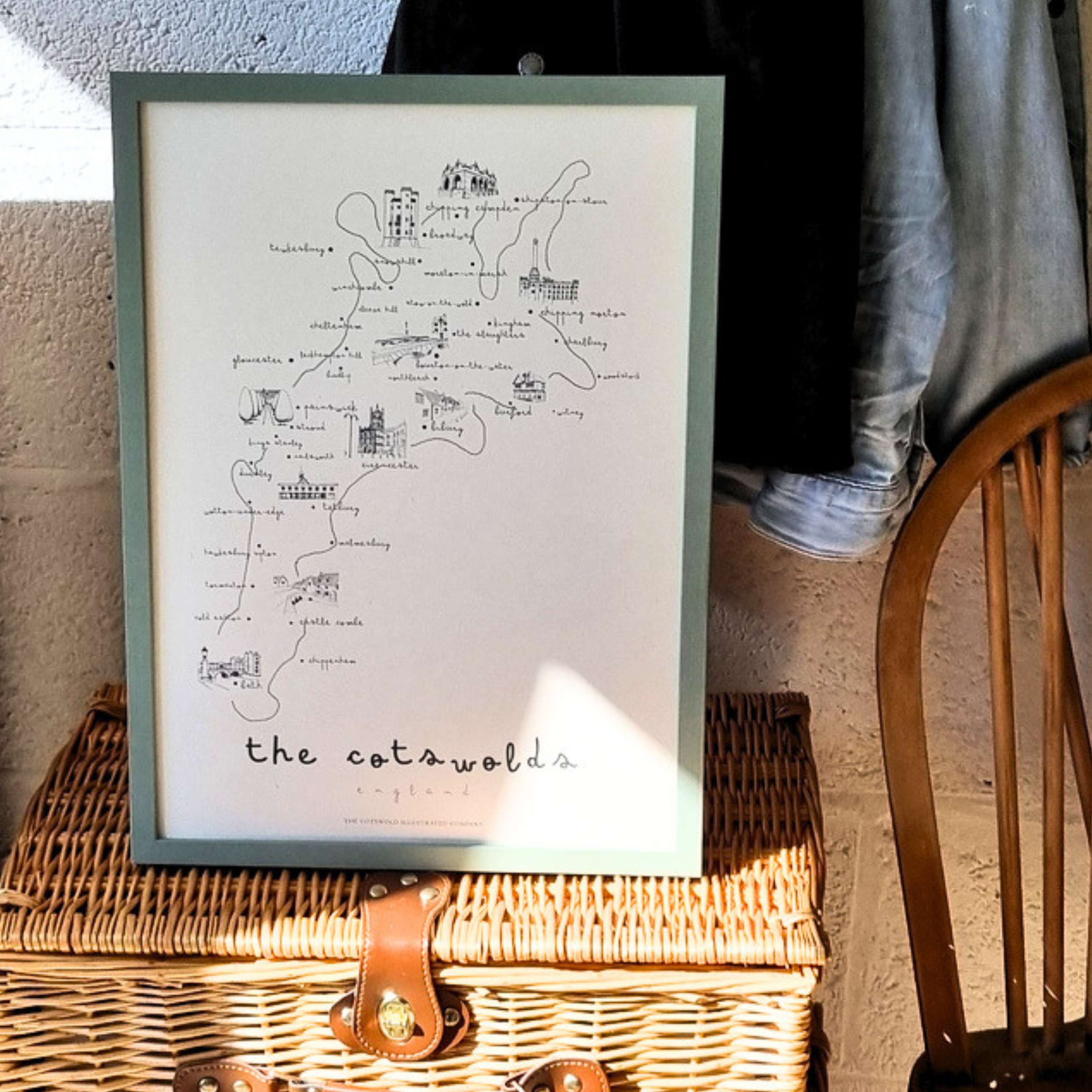 ELEGANT COTSWOLD MAP - COTSWOLD WAY - A3 FRAMED - GREEN