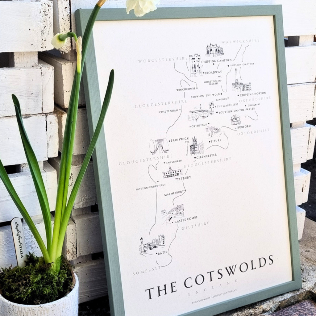 CLASSIC COTSWOLD MAP - A3 FRAMED - GREEN