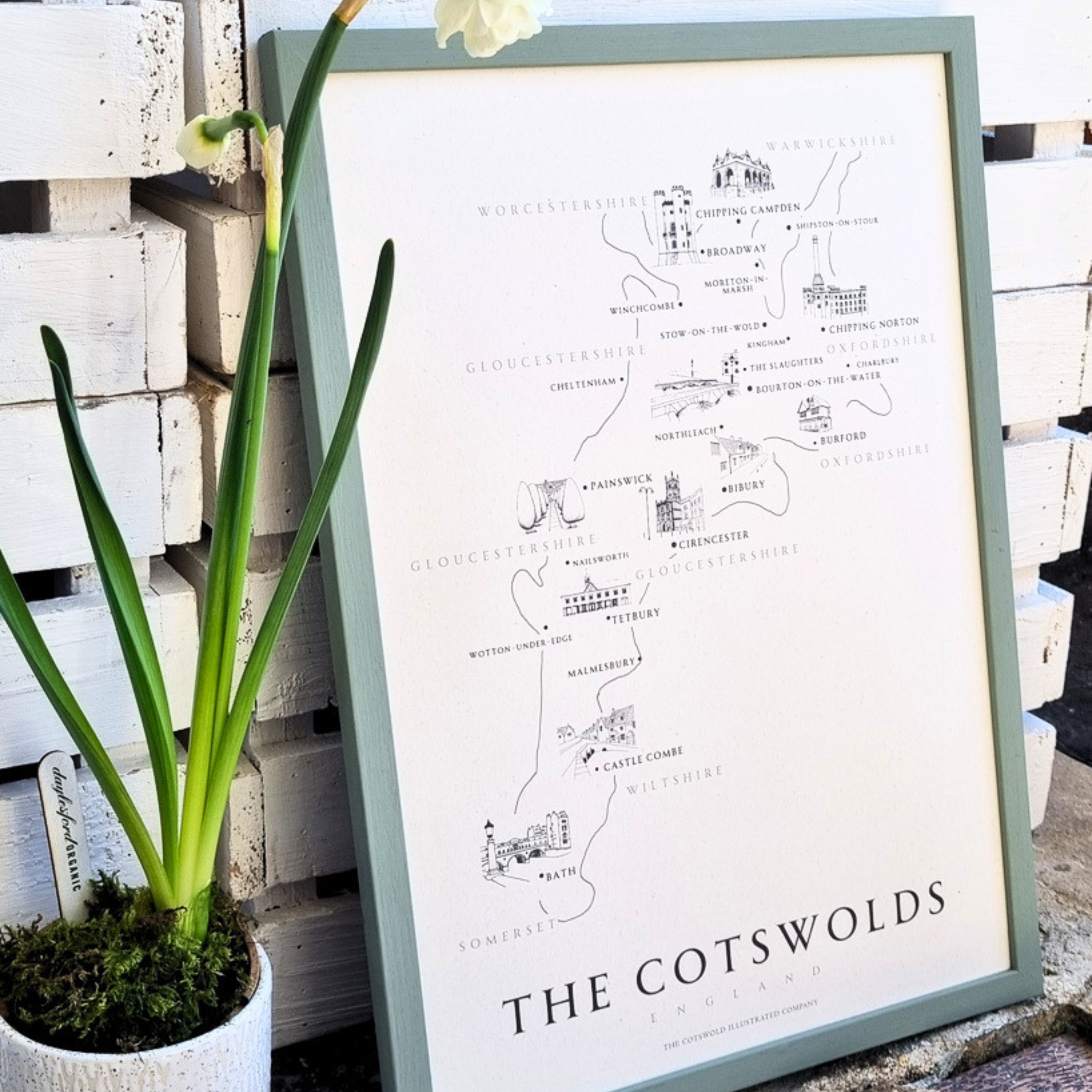 CLASSIC COTSWOLD MAP - A3 FRAMED - GREEN