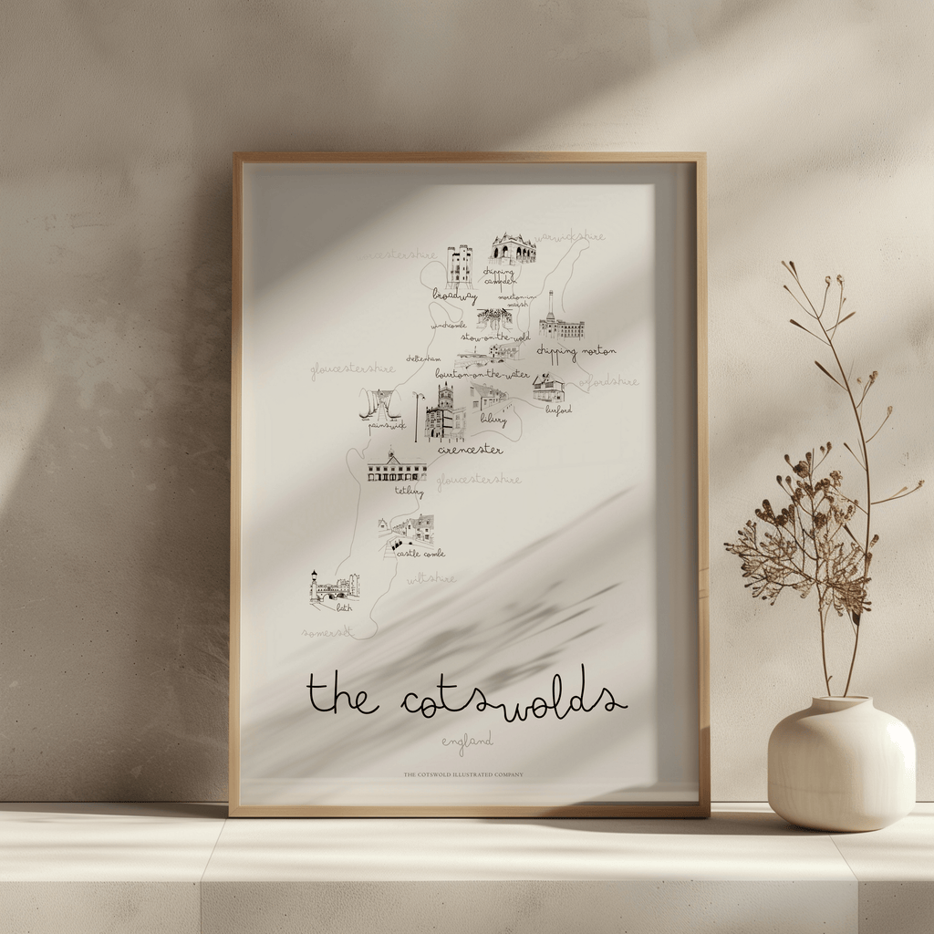 Cotswold Hand-illustrated Pen and Ink Map Print A3/A4/A5 Unframed Wall Art - Elegant