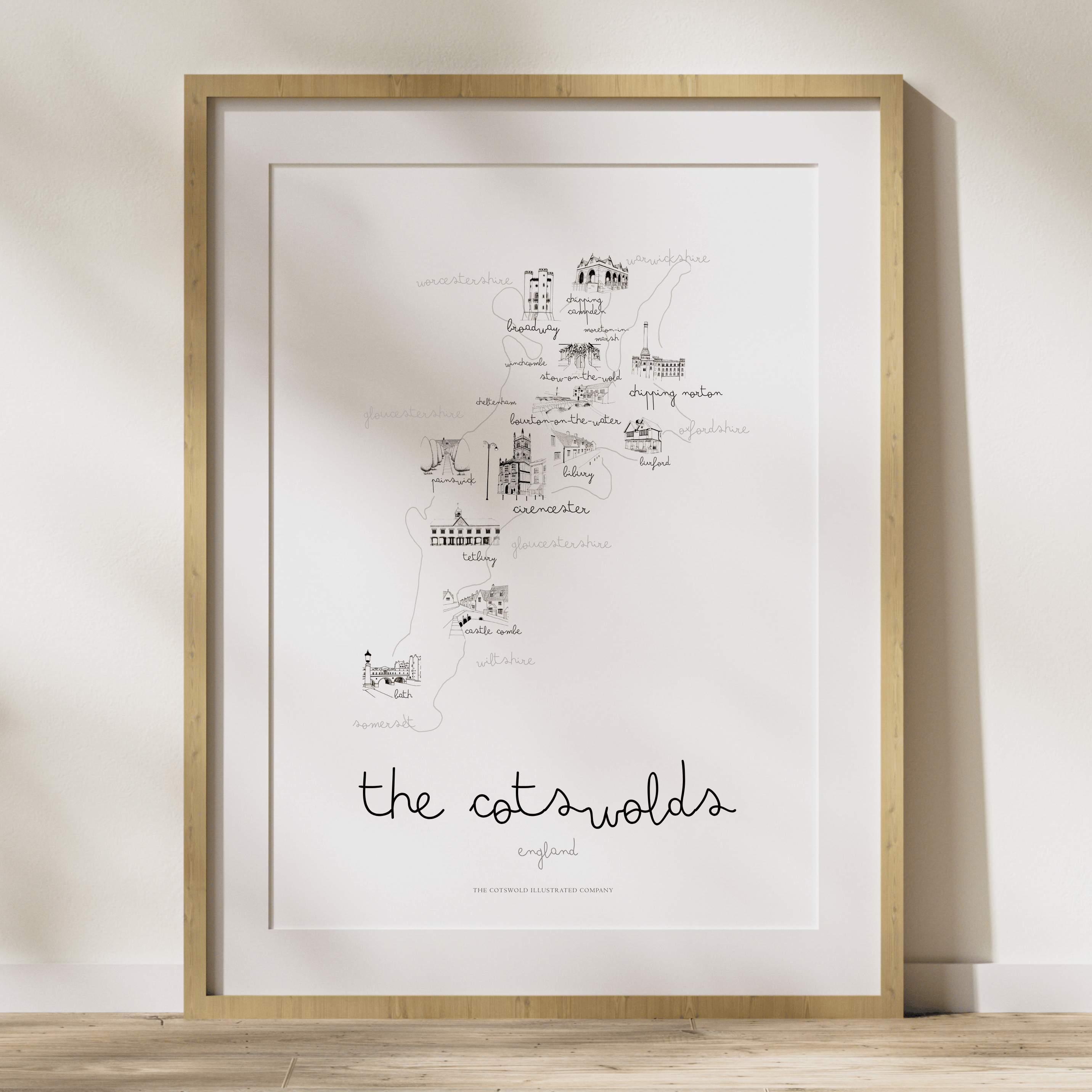 Cotswold Hand-illustrated Pen and Ink Map Print A3/A4/A5 Unframed Wall Art - Elegant
