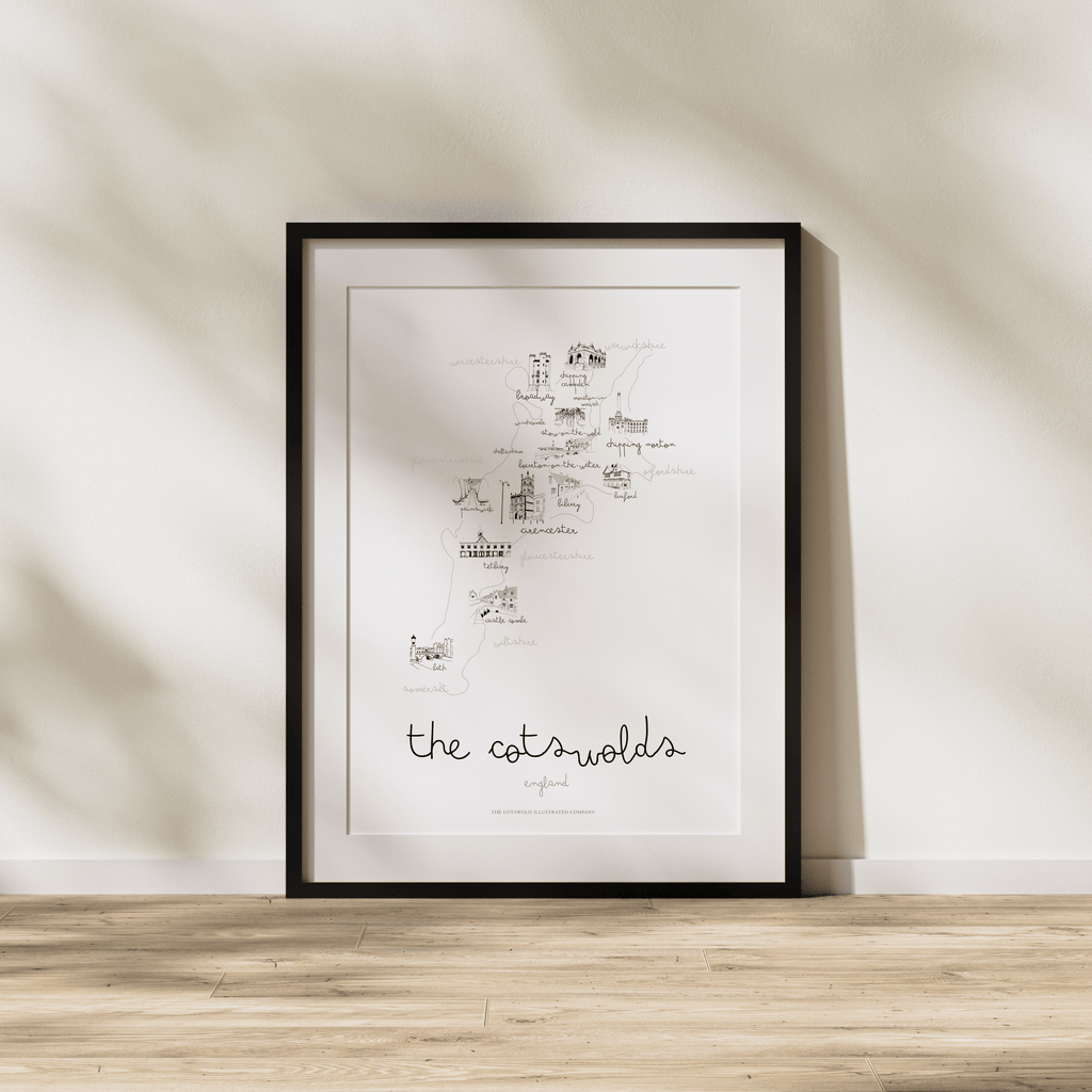 Cotswold Hand-illustrated Pen and Ink Map Print A3/A4/A5 Unframed Wall Art - Elegant