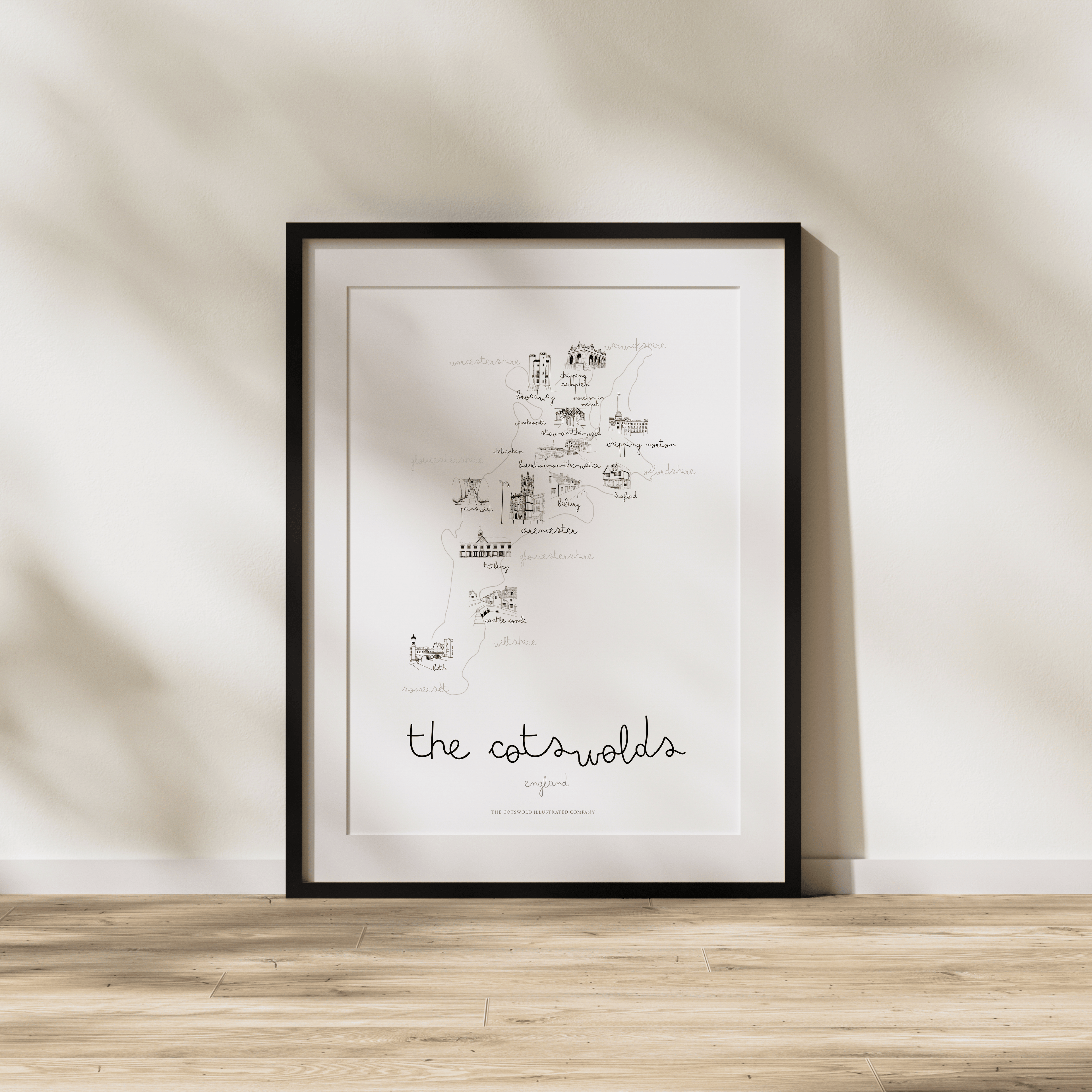 Cotswold Hand-illustrated Pen and Ink Map Print A3/A4/A5 Unframed Wall Art - Elegant