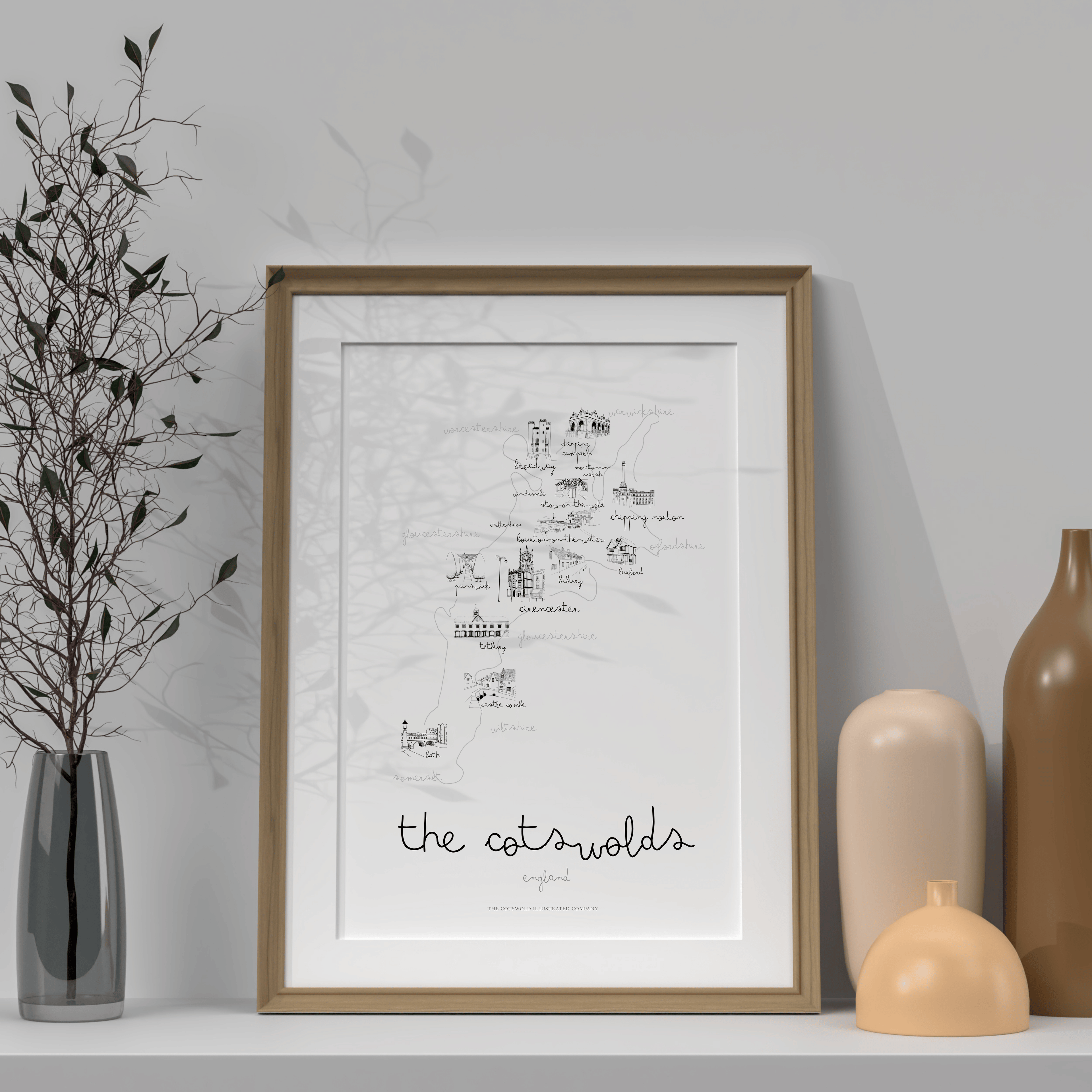 Cotswold Hand-illustrated Pen and Ink Map Print A3/A4/A5 Unframed Wall Art - Elegant