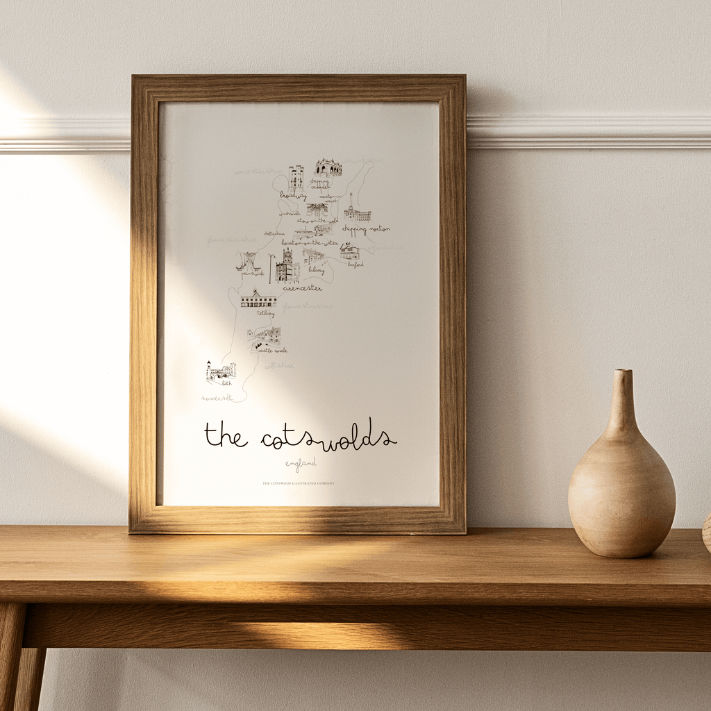 Cotswold Hand-illustrated Pen and Ink Map Print A3/A4/A5 Unframed Wall Art - Elegant