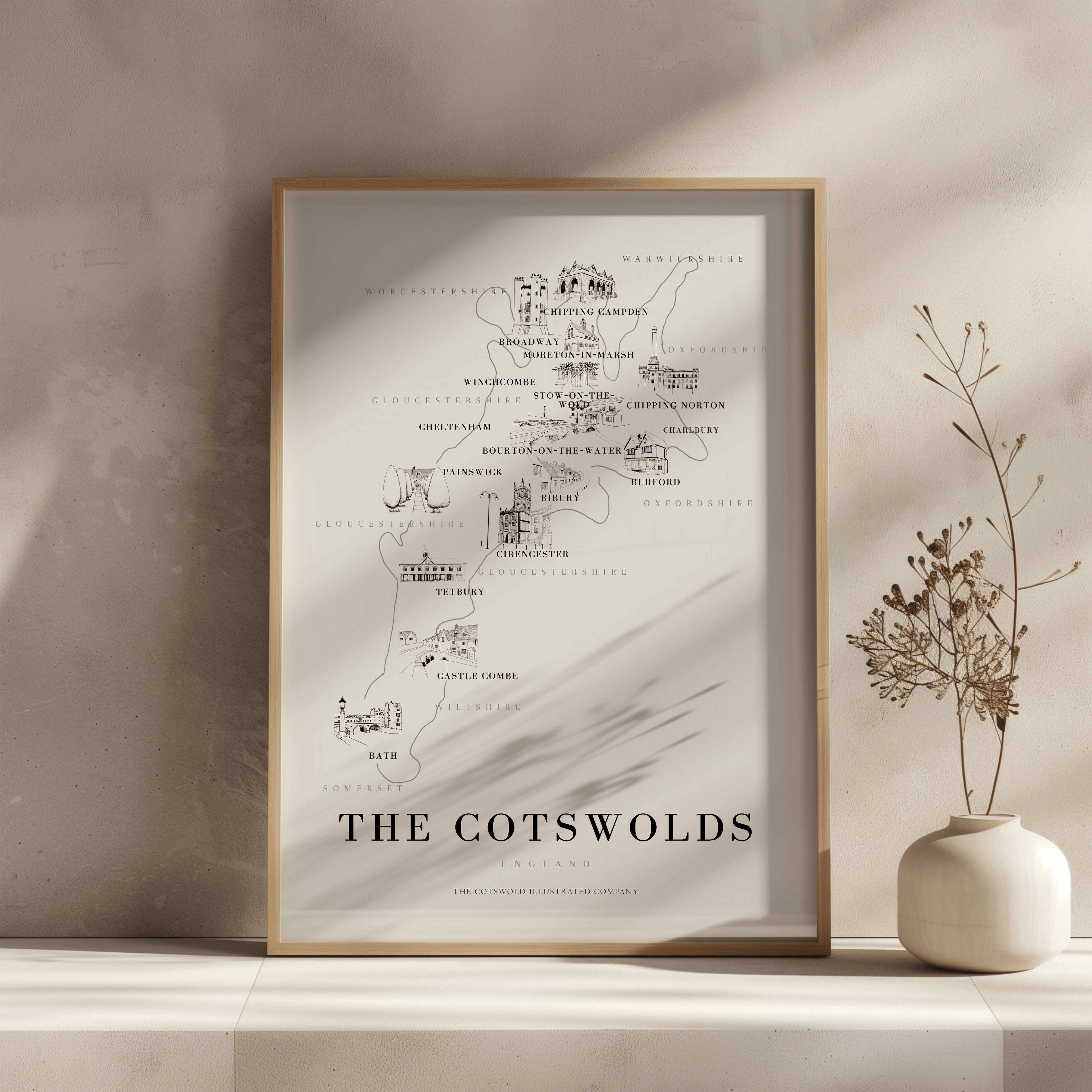 Cotswold Hand-illustrated Pen and Ink Map Print A3/A4/A5 Unframed Wall Art - Bold