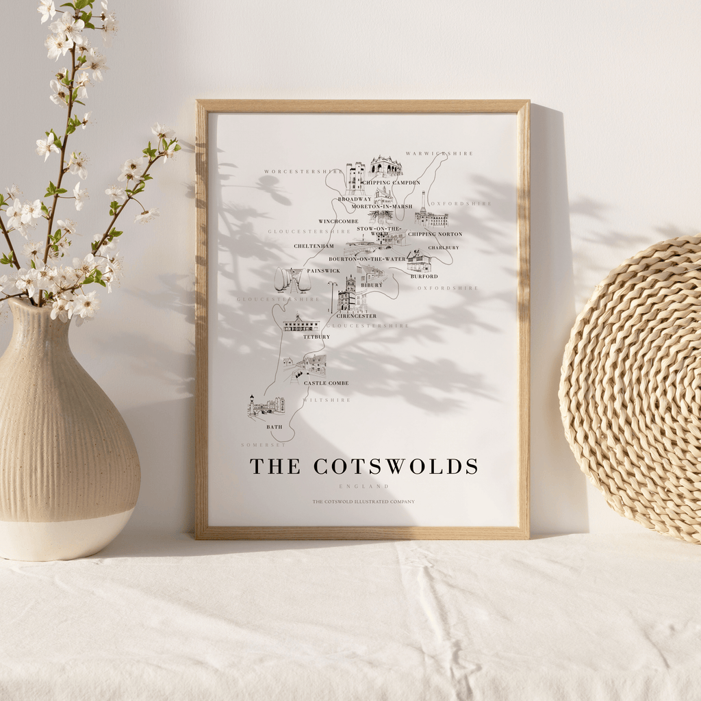 Cotswold Hand-illustrated Pen and Ink Map Print A3/A4/A5 Unframed Wall Art - Bold